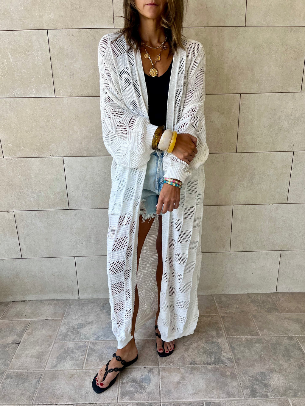 White Boxes Boxes Longline Crochet Kimono