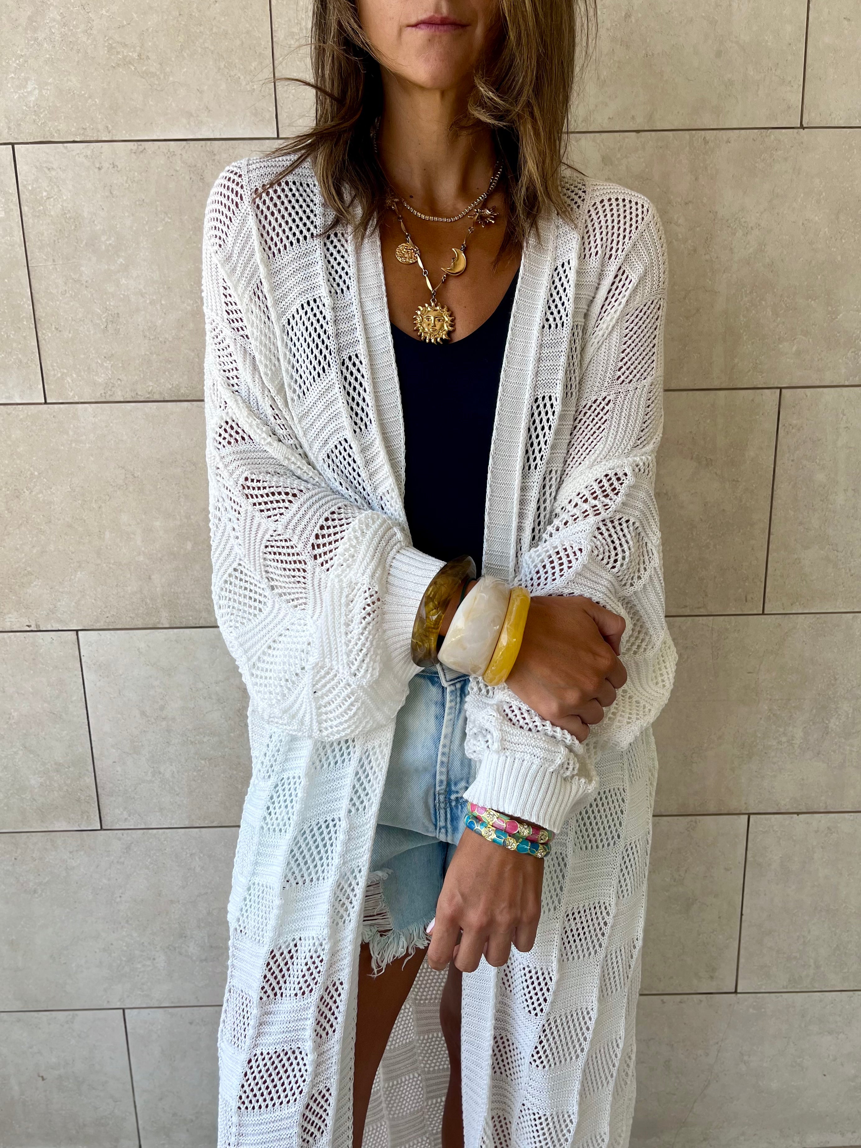 White Boxes Boxes Longline Crochet Kimono