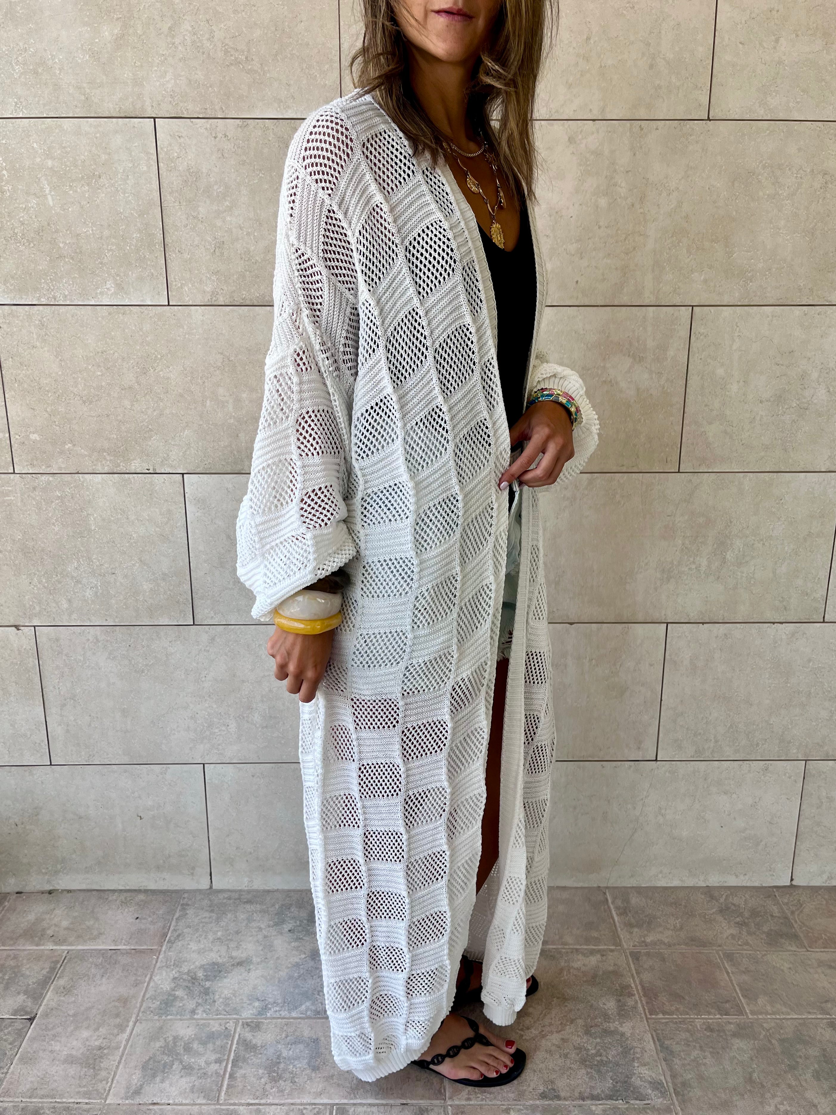 White Boxes Boxes Longline Crochet Kimono