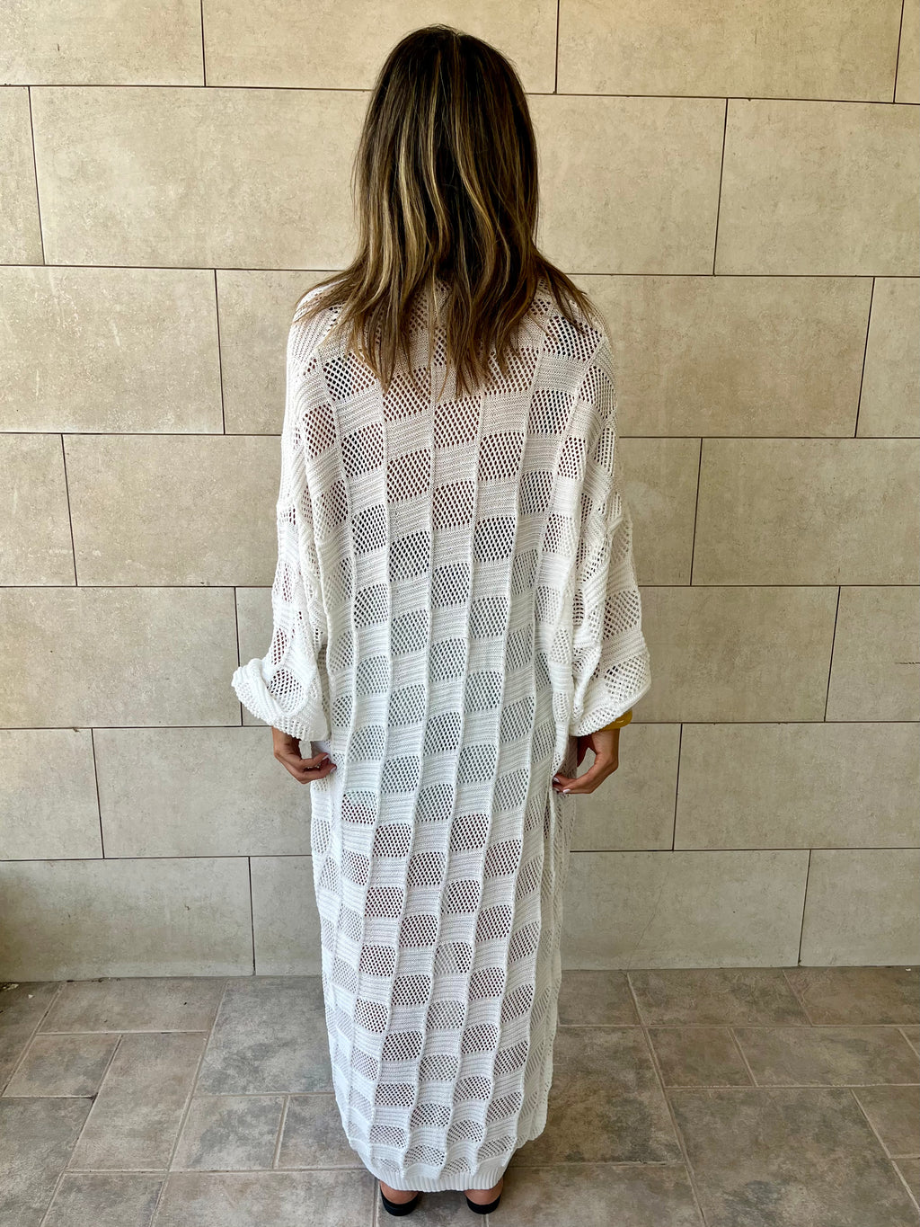 White Boxes Boxes Longline Crochet Kimono