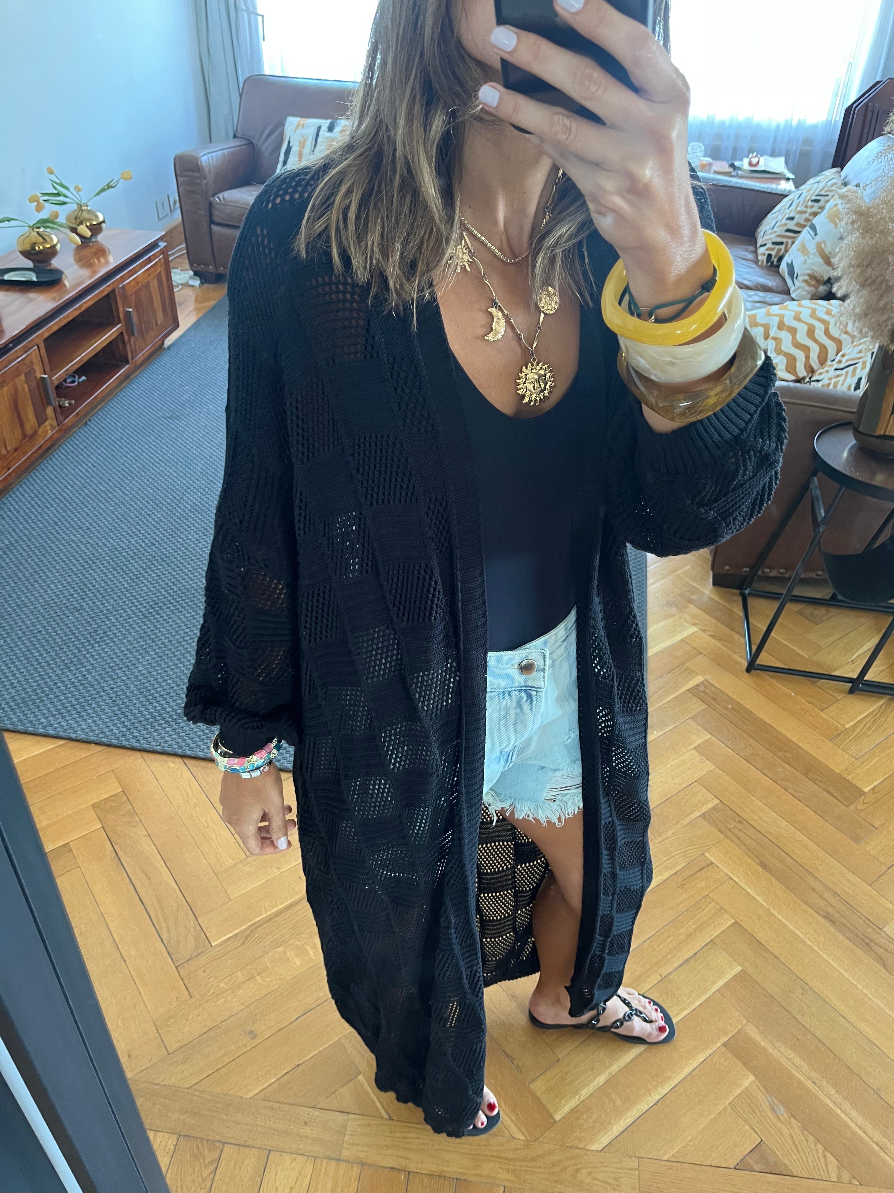 Black Boxes Boxes Longline Crochet Kimono