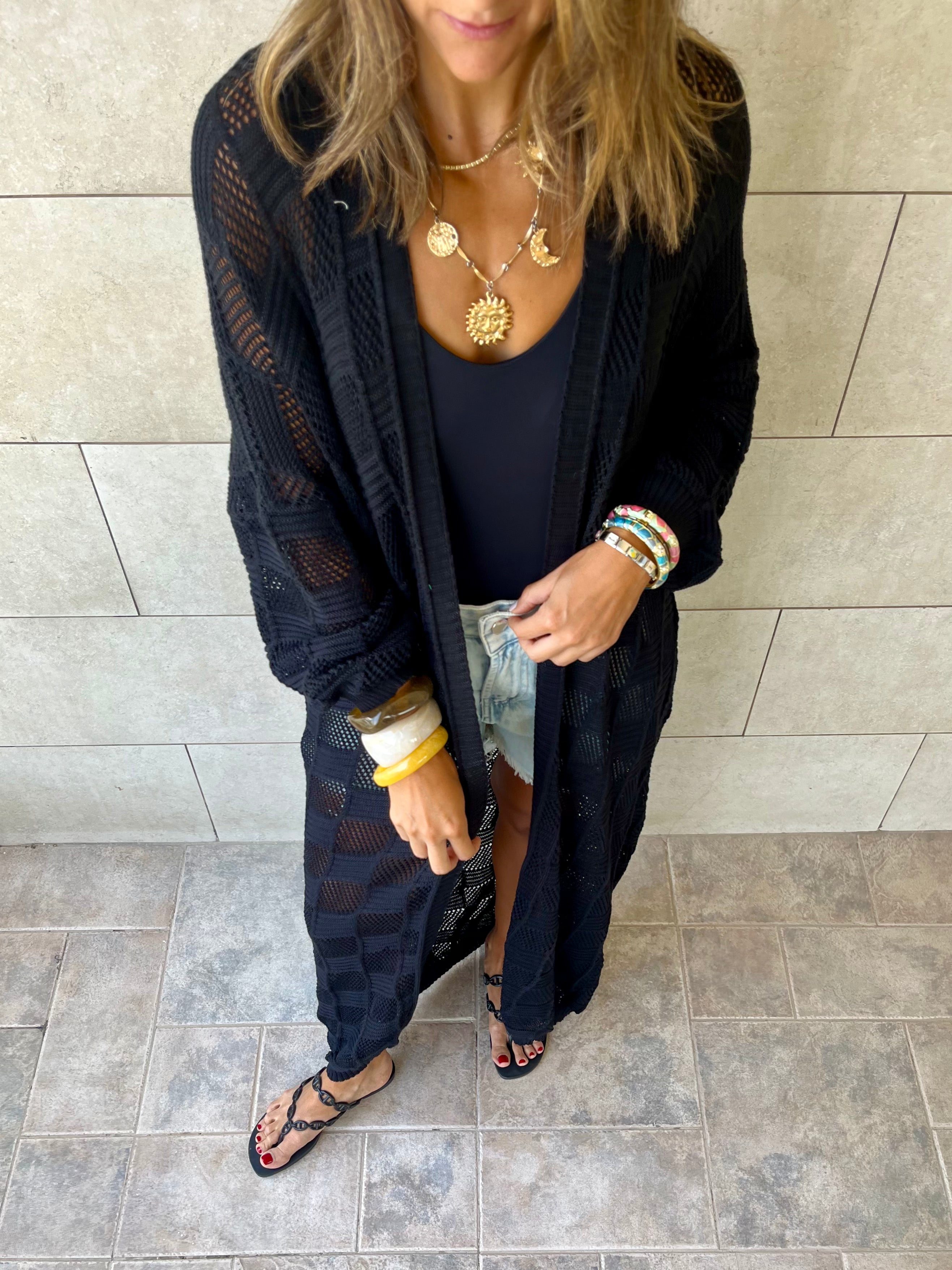 Black Boxes Boxes Longline Crochet Kimono