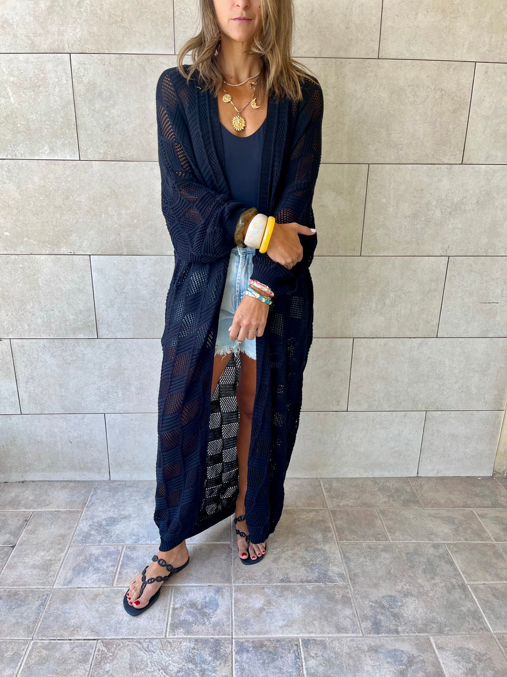 Black Boxes Boxes Longline Crochet Kimono