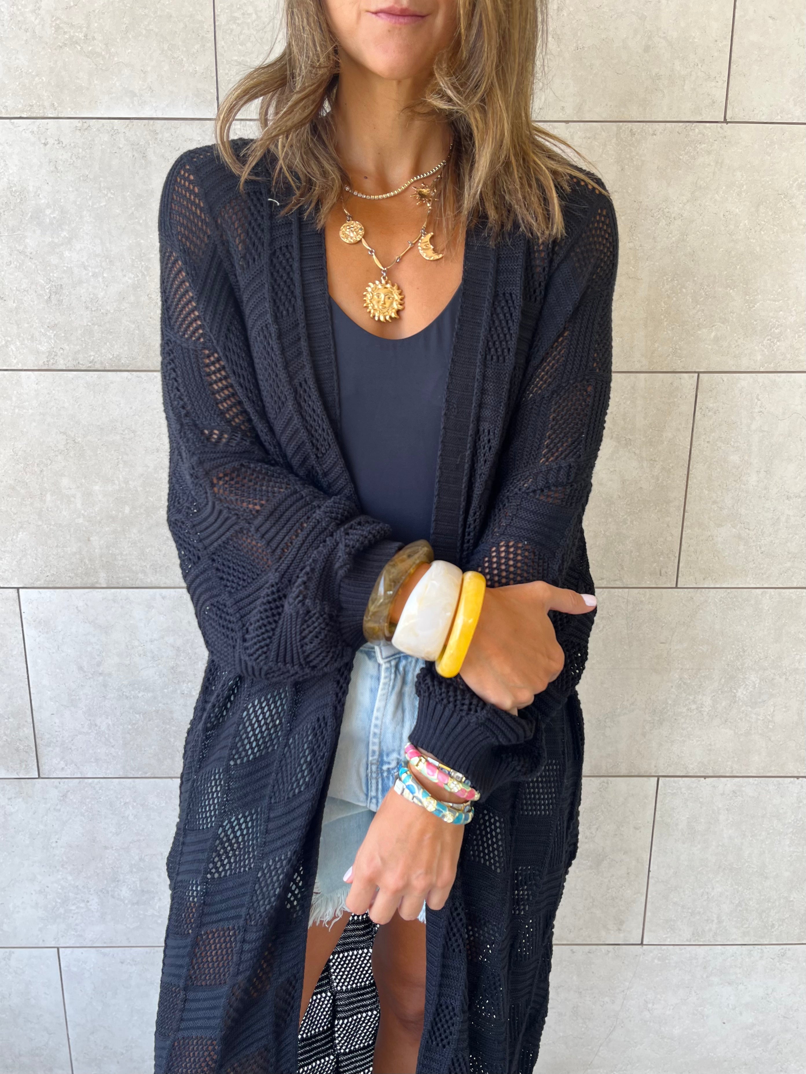 Black Boxes Boxes Longline Crochet Kimono