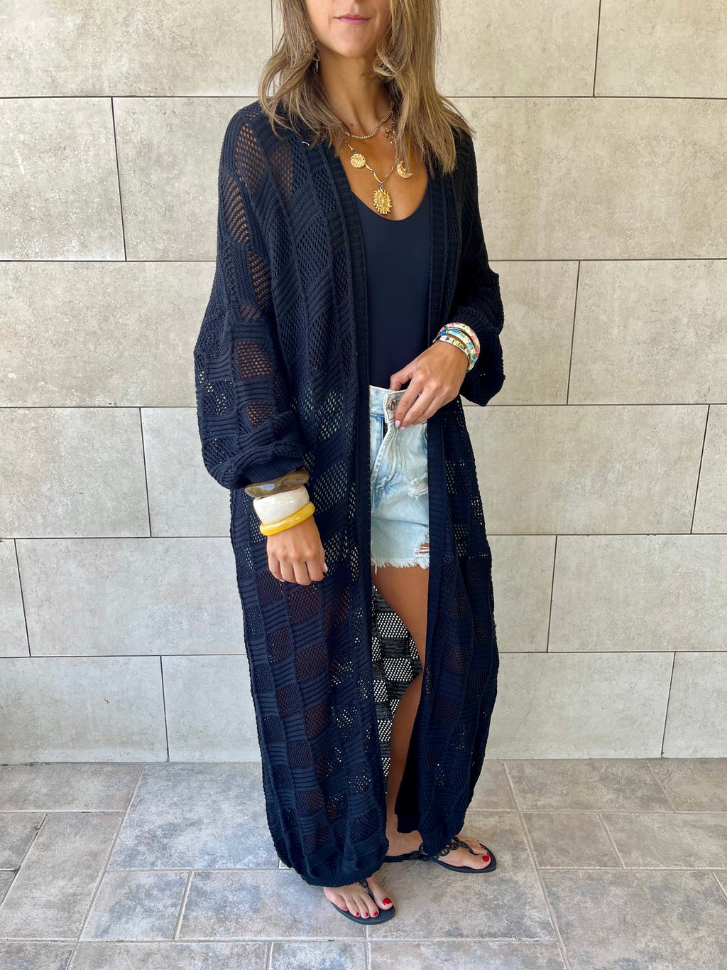 Black Boxes Boxes Longline Crochet Kimono