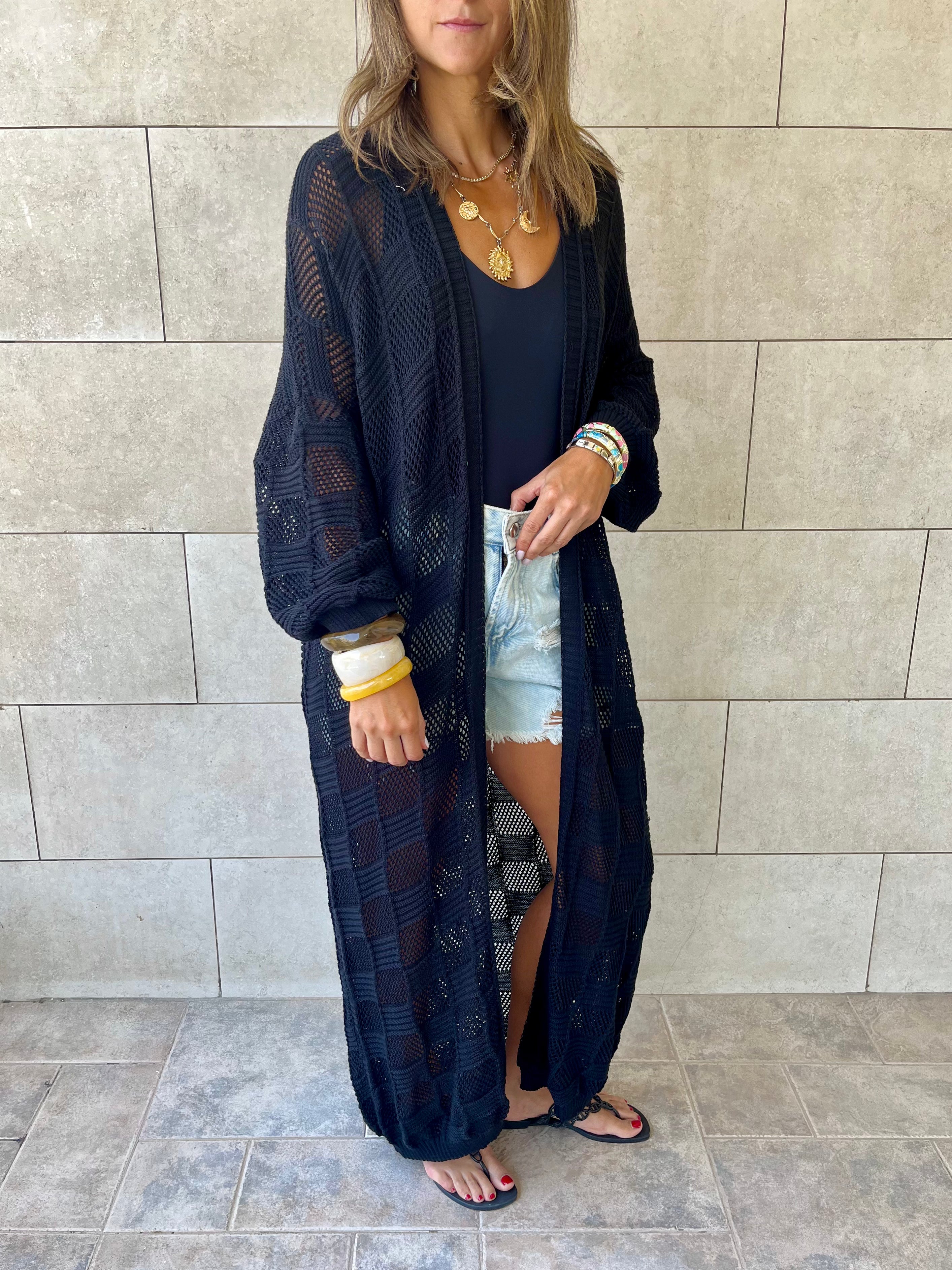 Black Boxes Boxes Longline Crochet Kimono