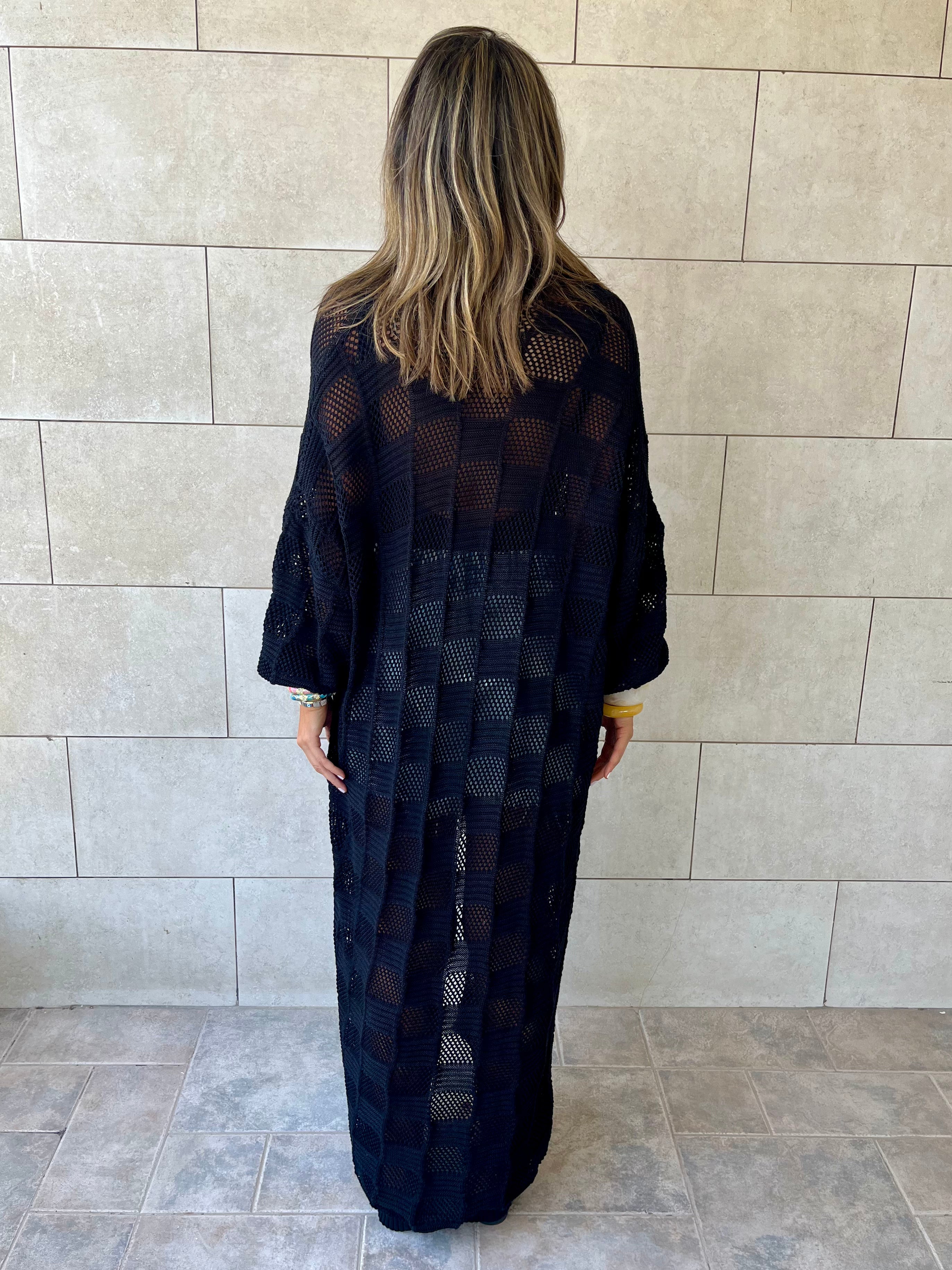 Black Boxes Boxes Longline Crochet Kimono