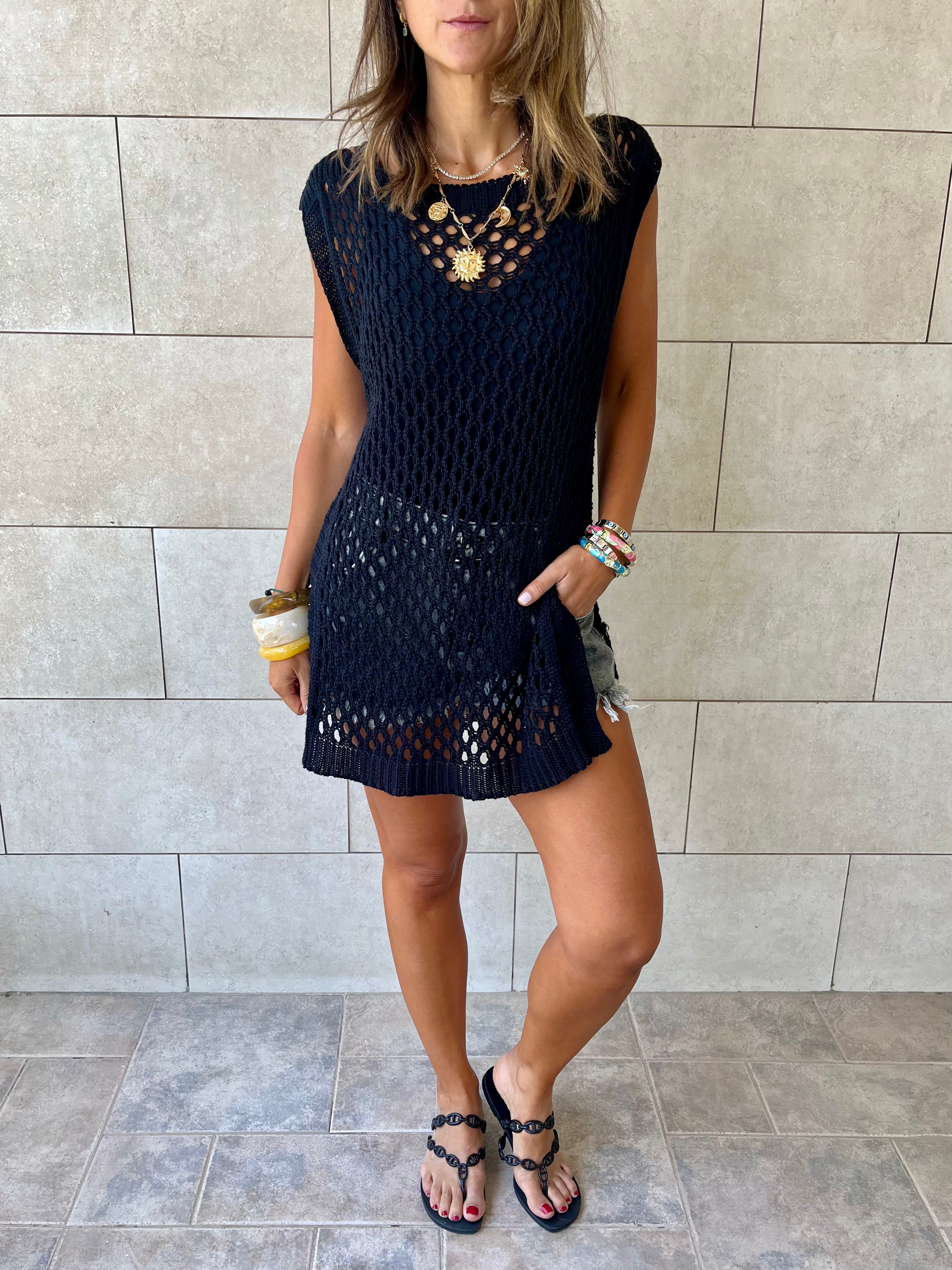 Black Crochet Mini Throw Over Cover-Up