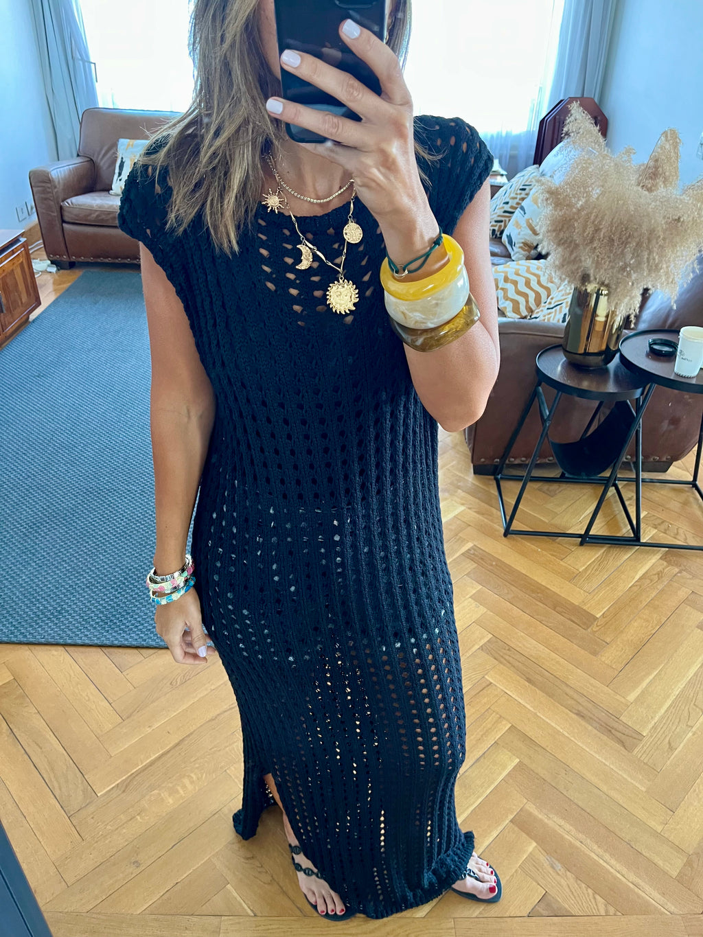 Black Warm Morning Longline Crochet Coverup