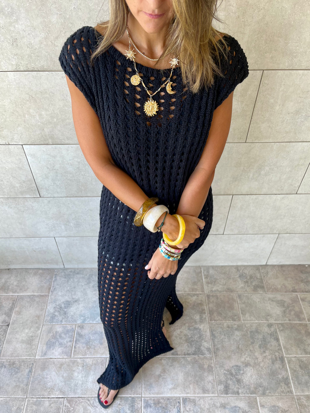 Black Warm Morning Longline Crochet Coverup