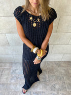 Black Warm Morning Longline Crochet Coverup