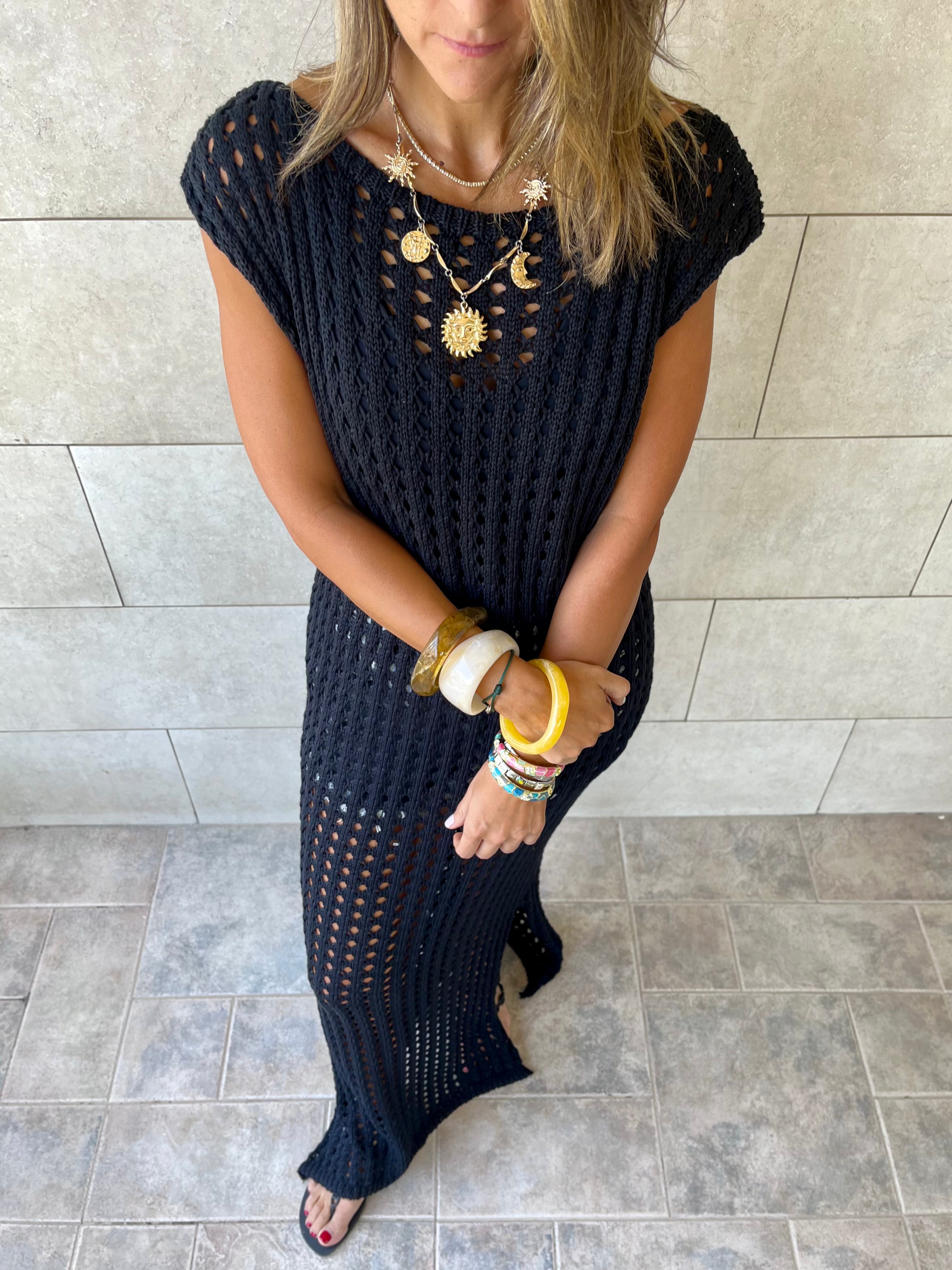 Black Warm Morning Longline Crochet Coverup