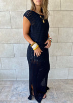 Black Warm Morning Longline Crochet Coverup