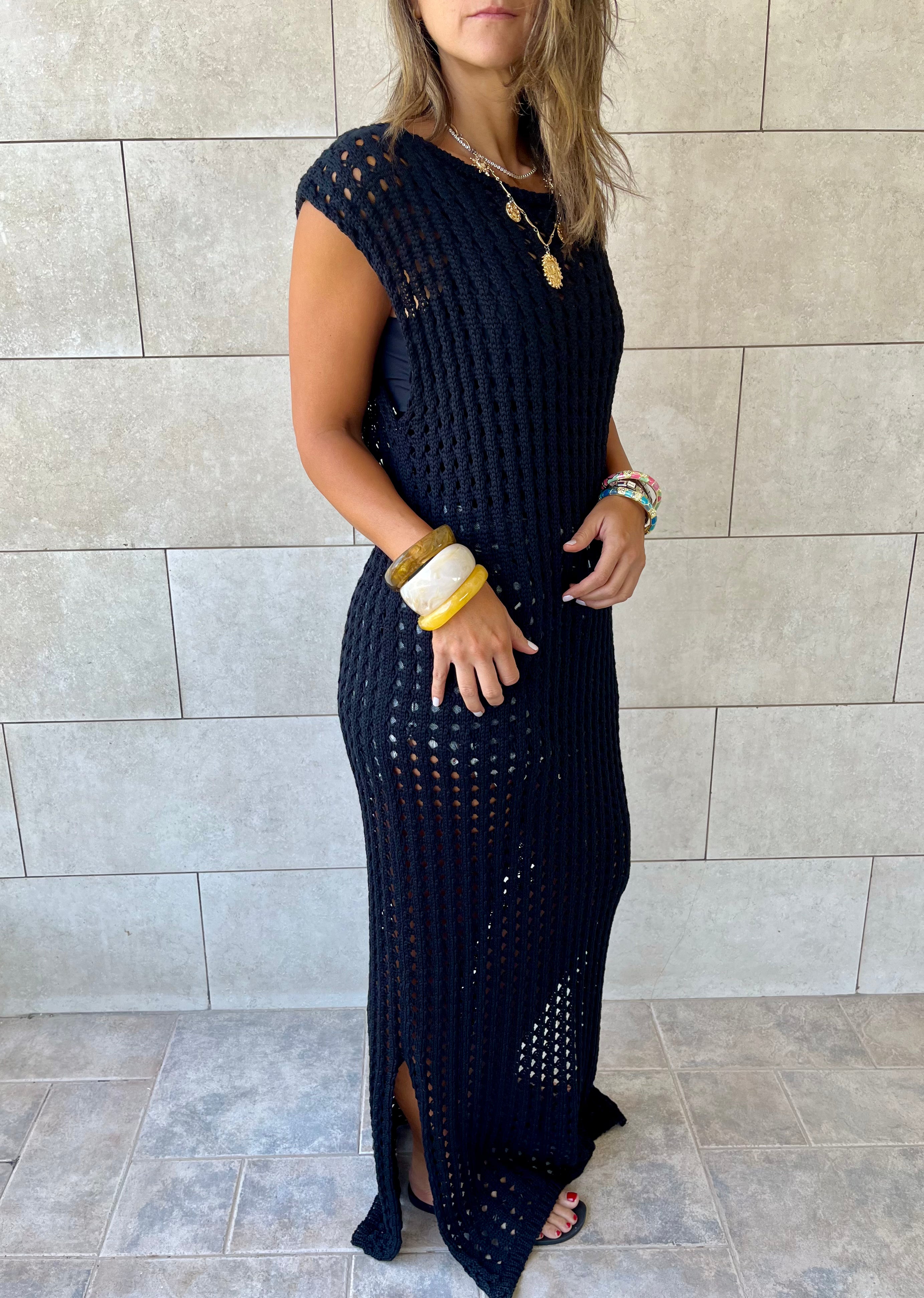 Black Warm Morning Longline Crochet Coverup