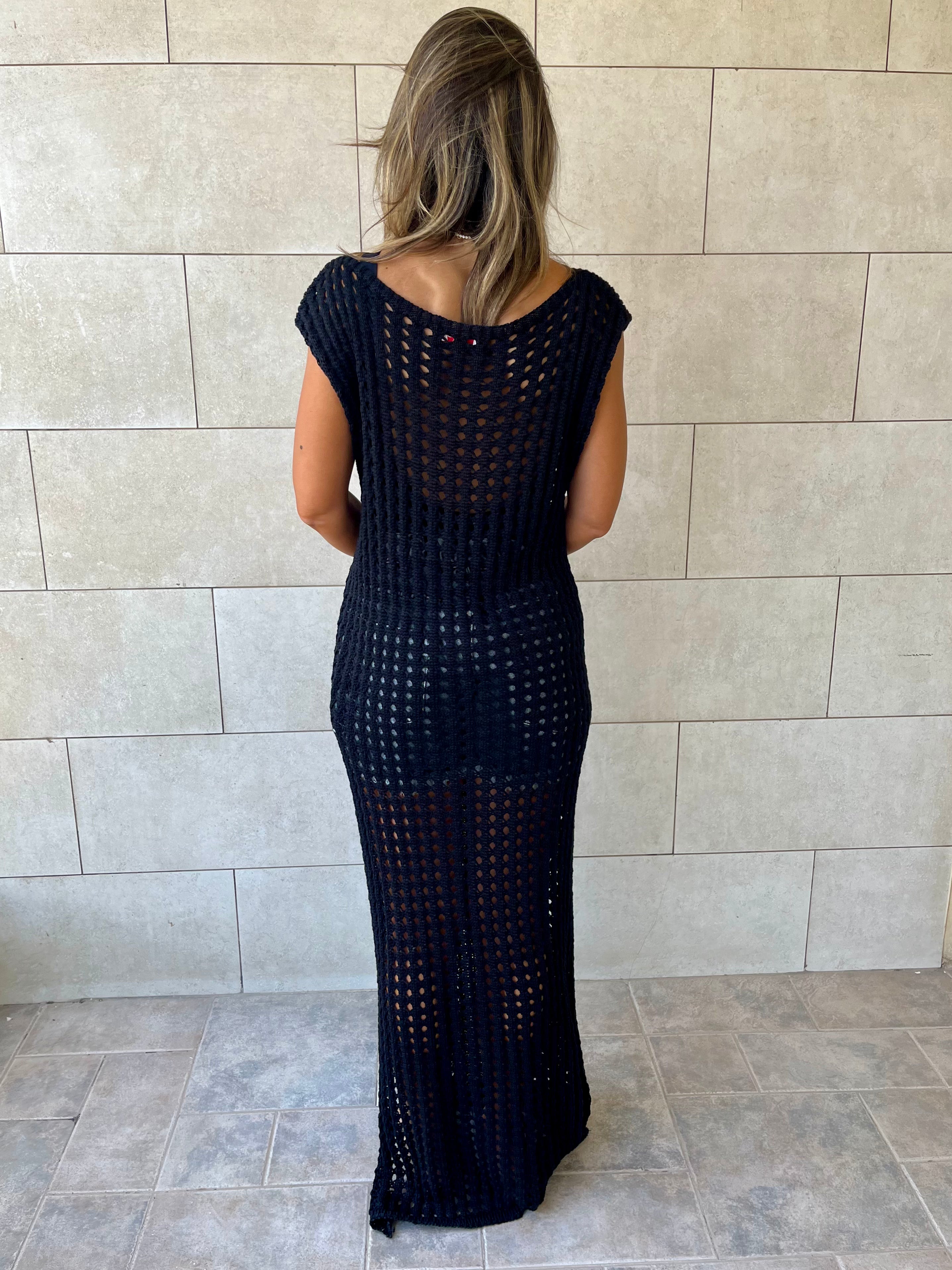 Black Warm Morning Longline Crochet Coverup