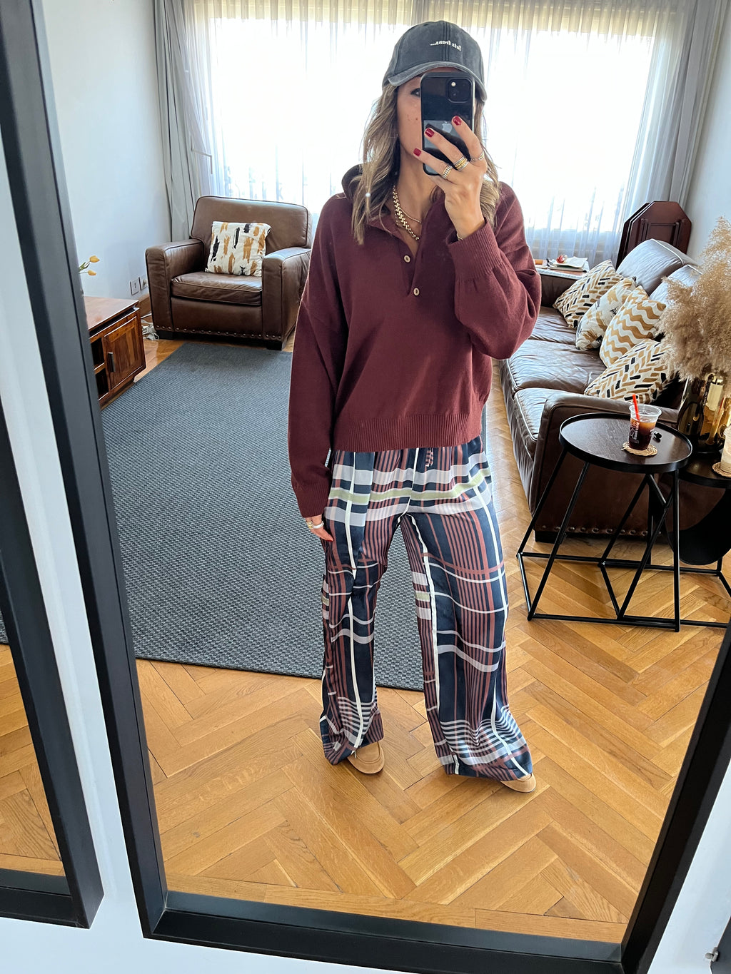 Navy Plaid Satin Rope Pants