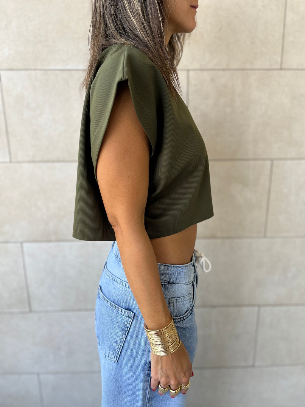 Olive Boxy Jersey Cropped T-Shirt