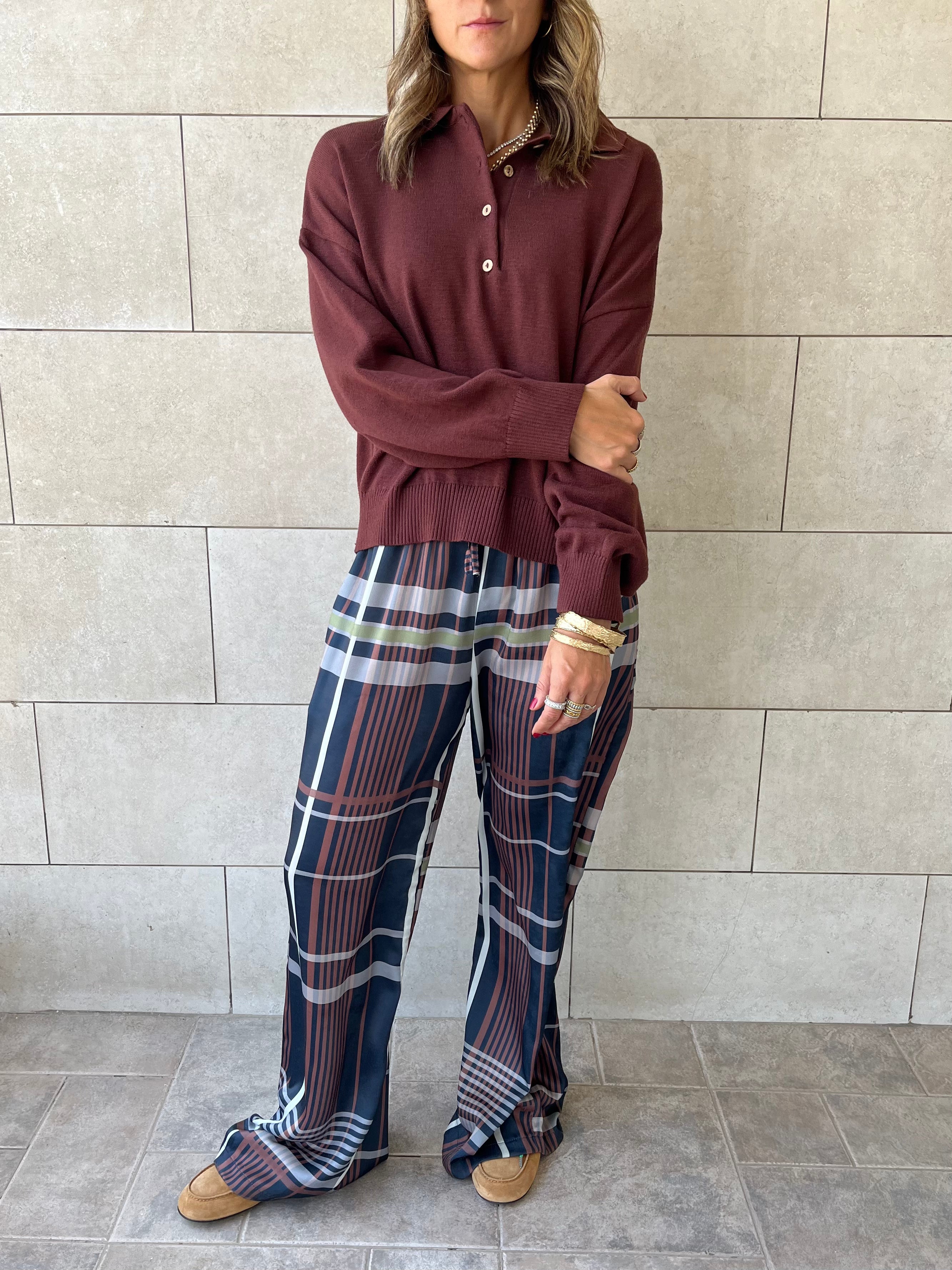 Navy Plaid Satin Rope Pants