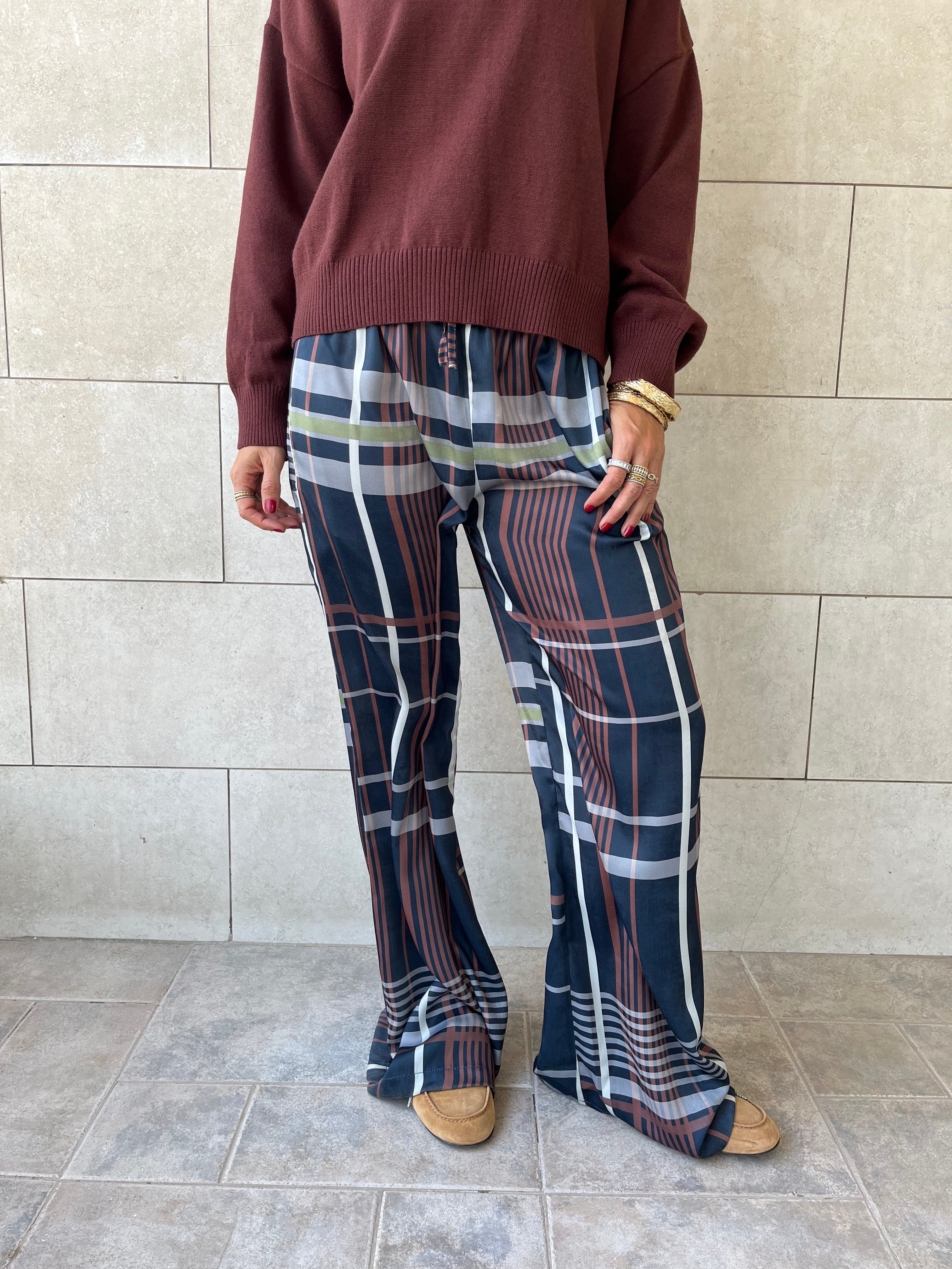 Navy Plaid Satin Rope Pants