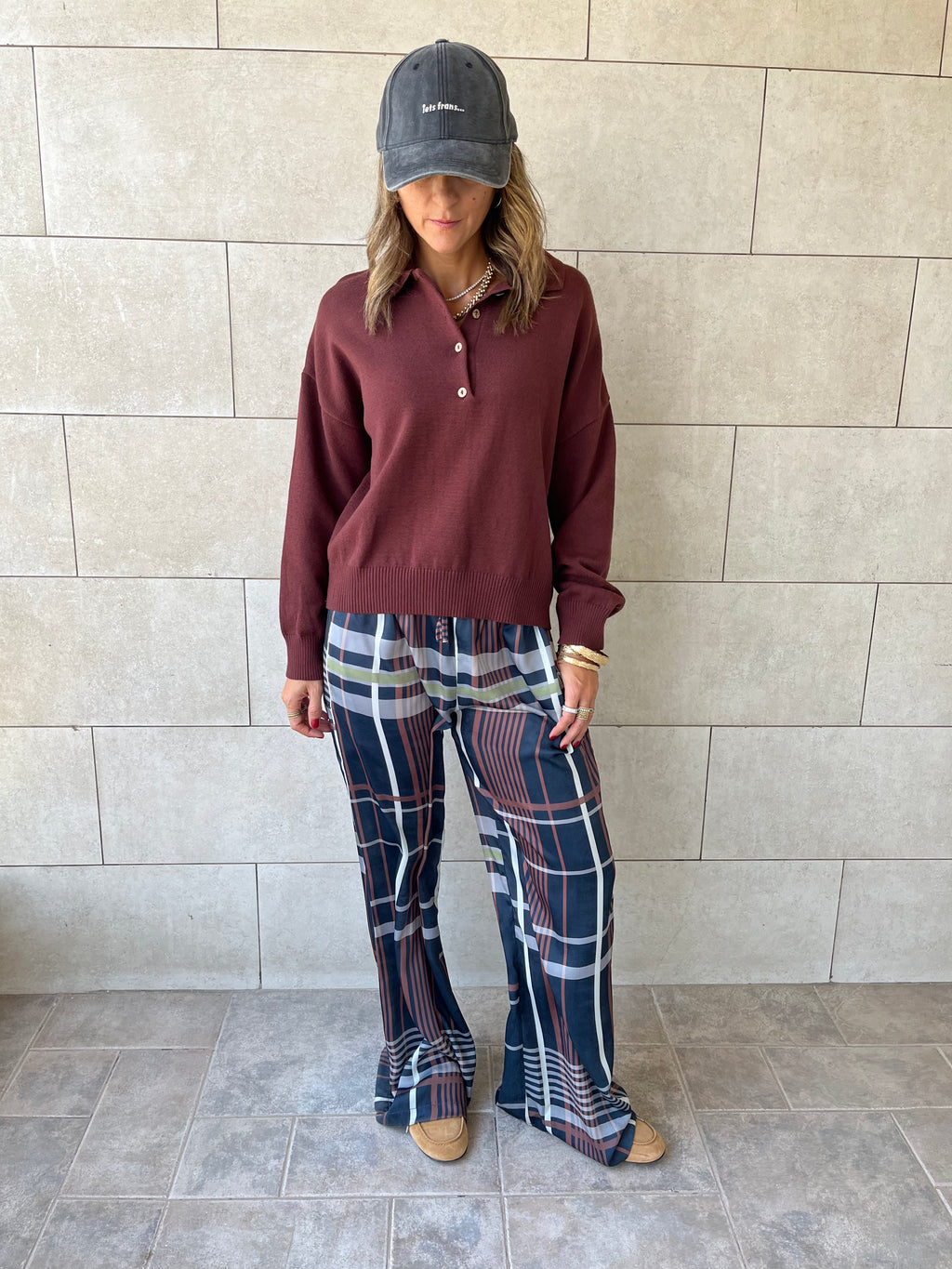 Navy Plaid Satin Rope Pants