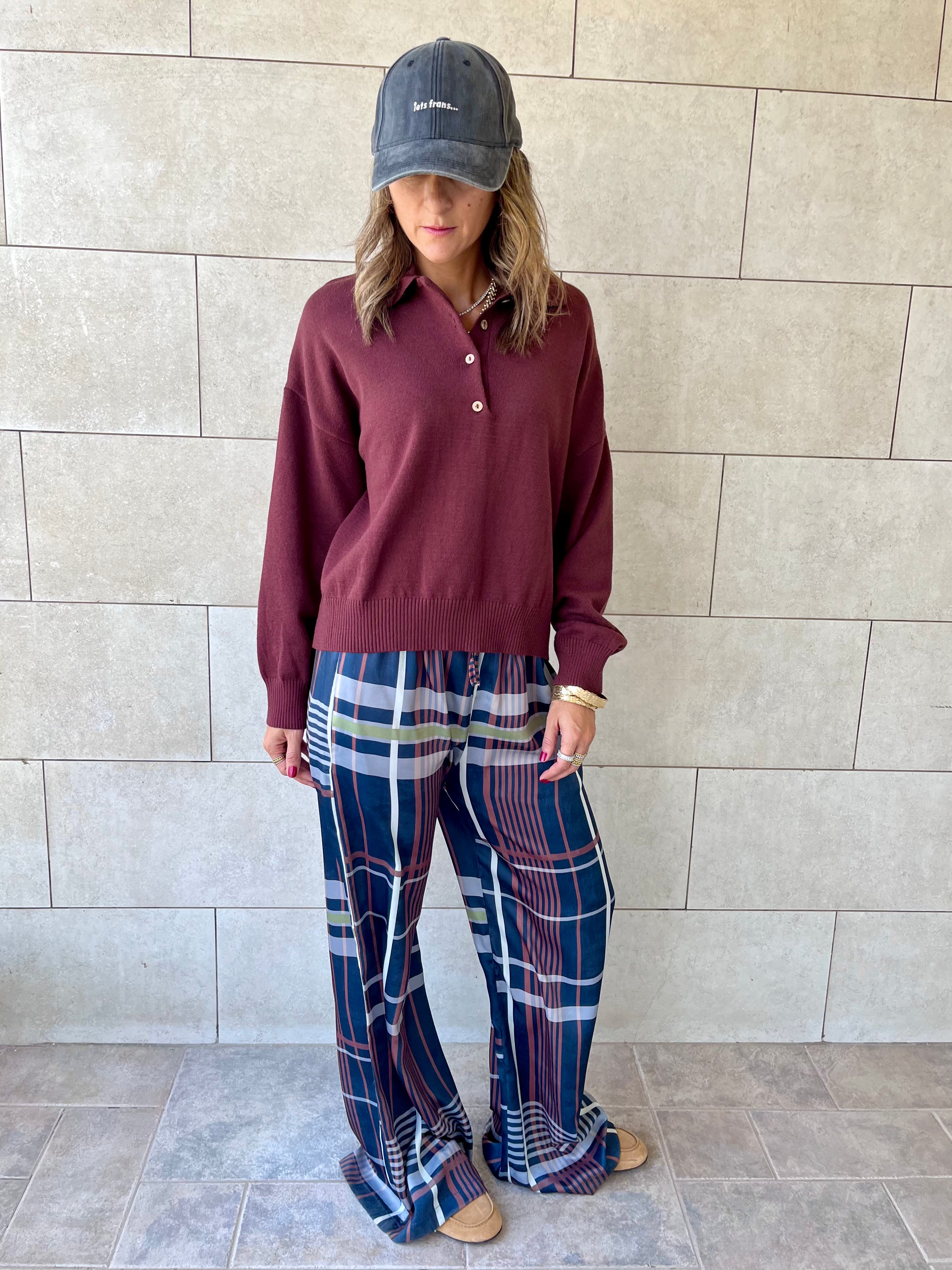 Navy Plaid Satin Rope Pants