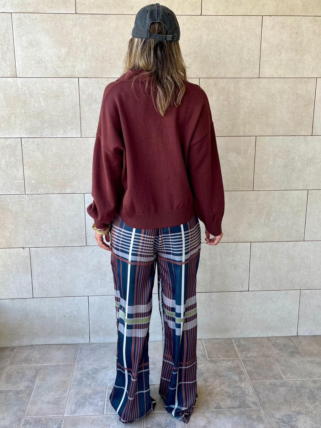 Navy Plaid Satin Rope Pants