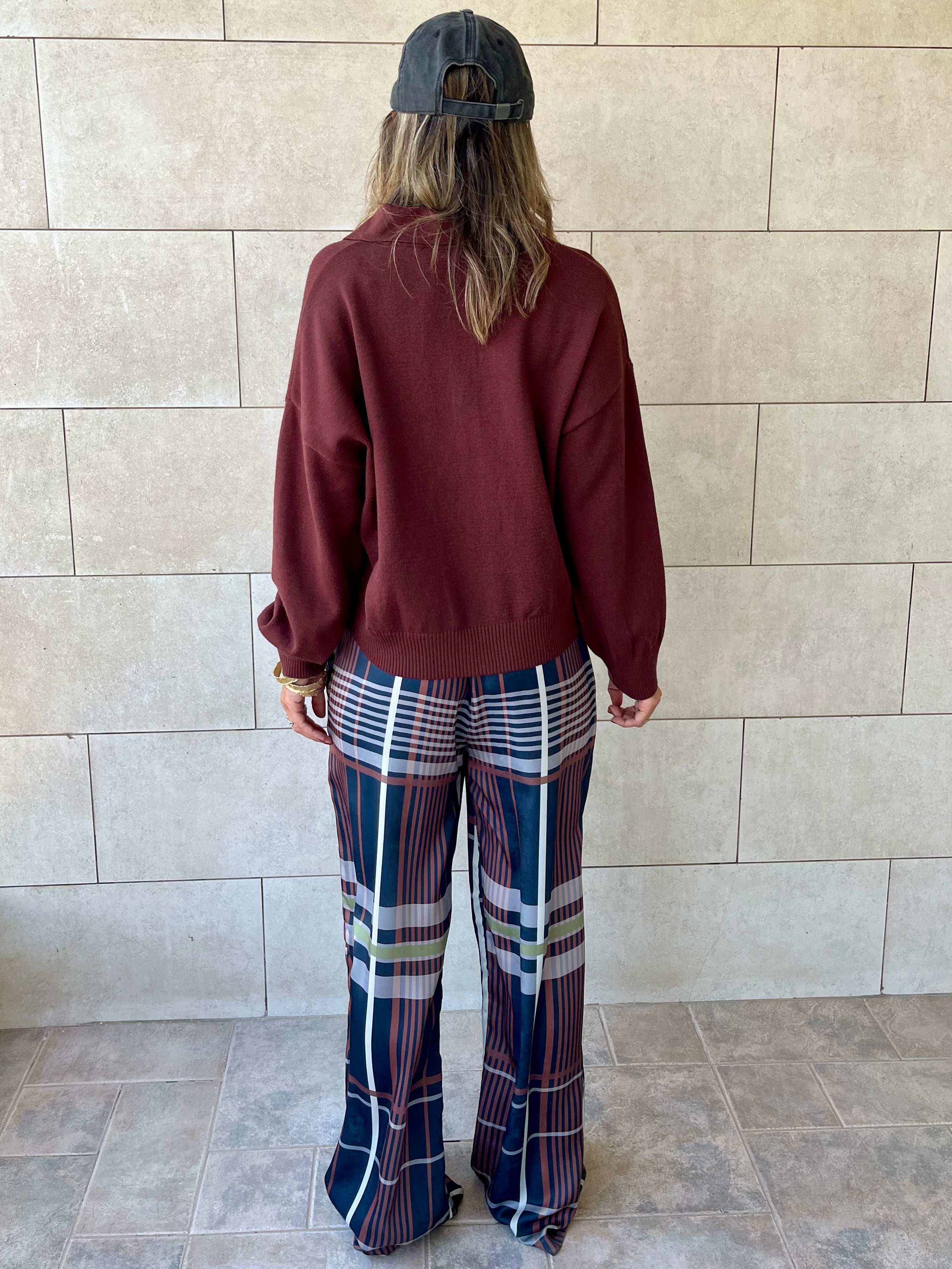 Navy Plaid Satin Rope Pants