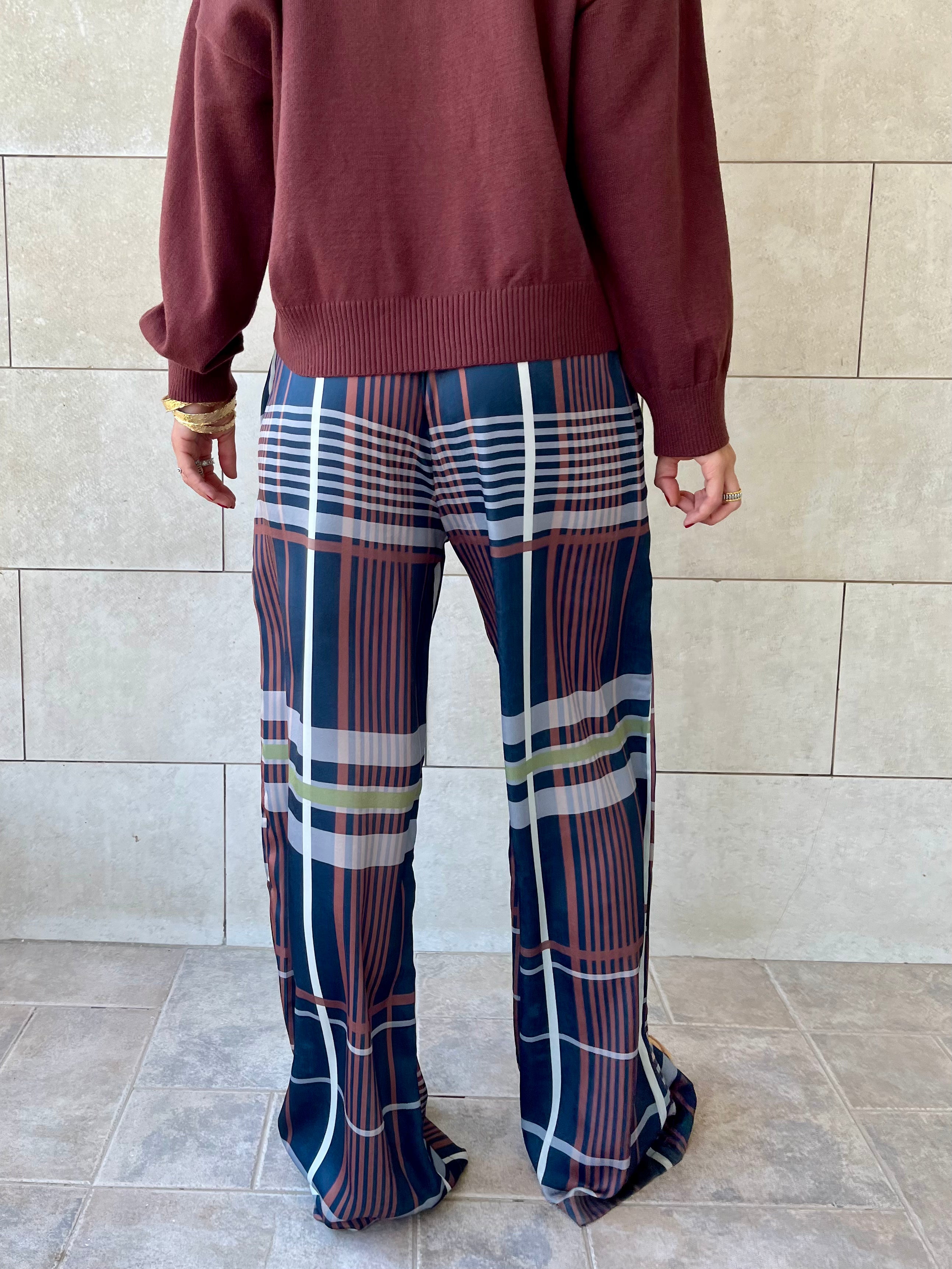 Navy Plaid Satin Rope Pants