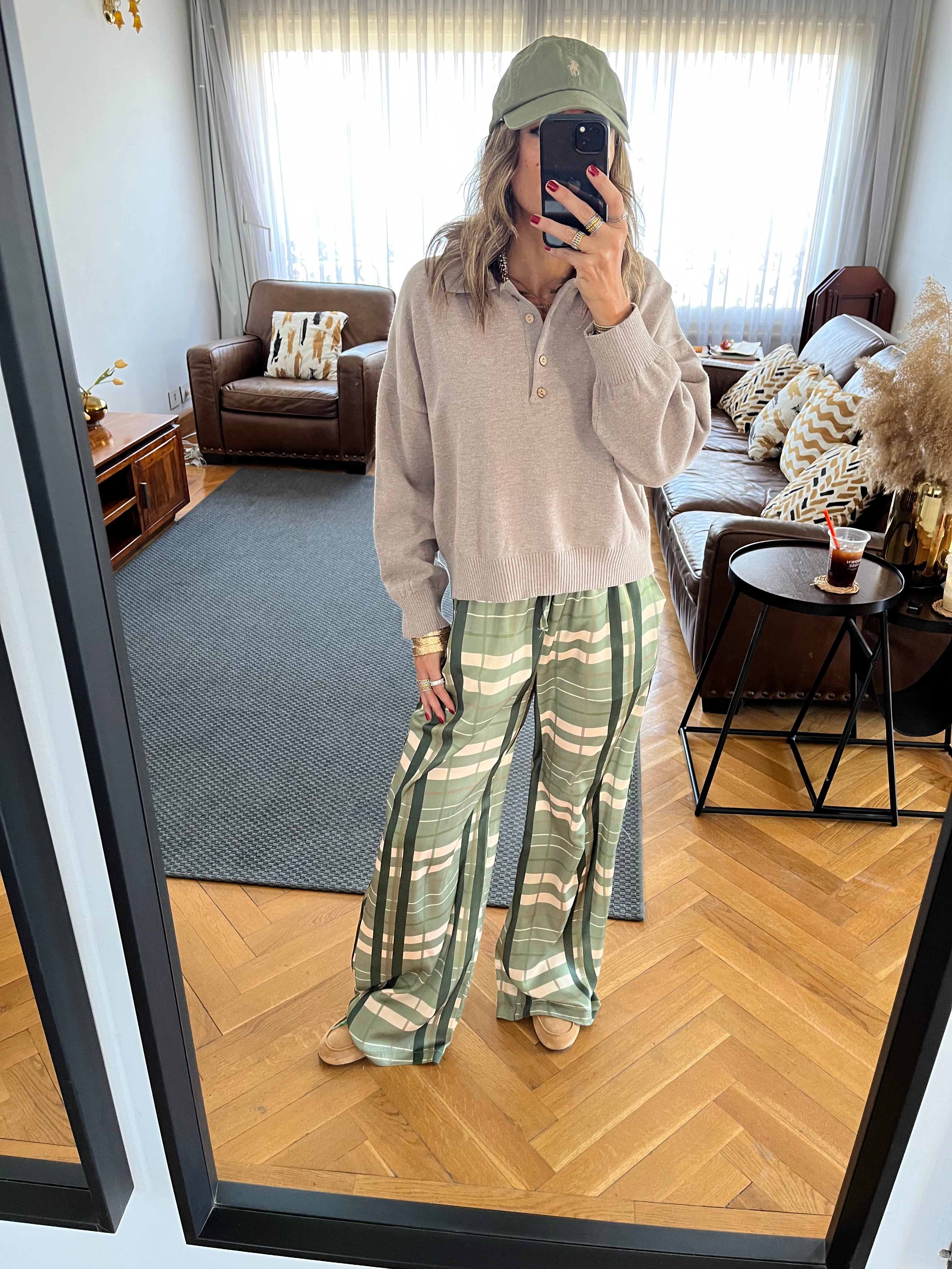Green Plaid Satin Rope Pants
