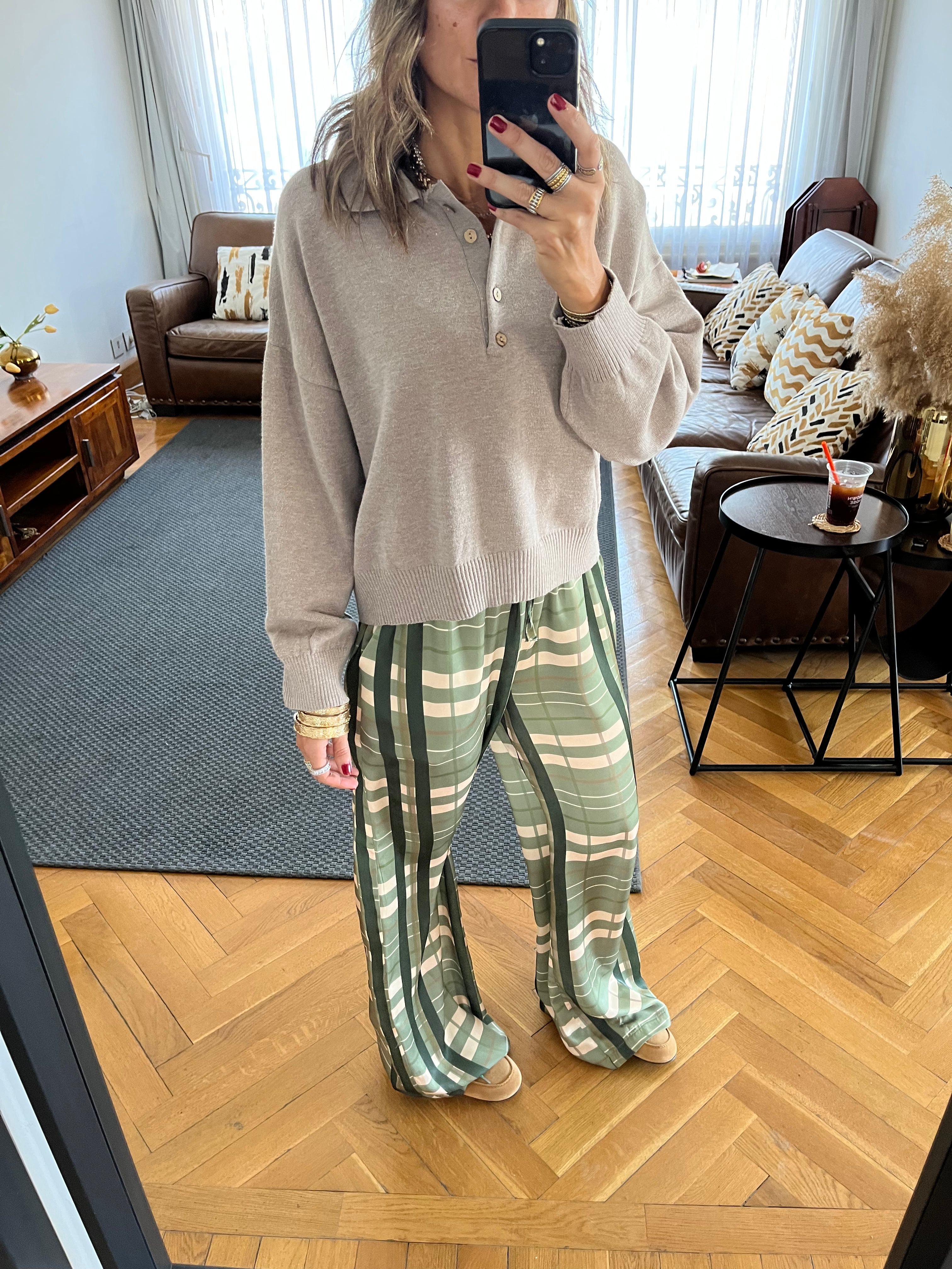 Green Plaid Satin Rope Pants