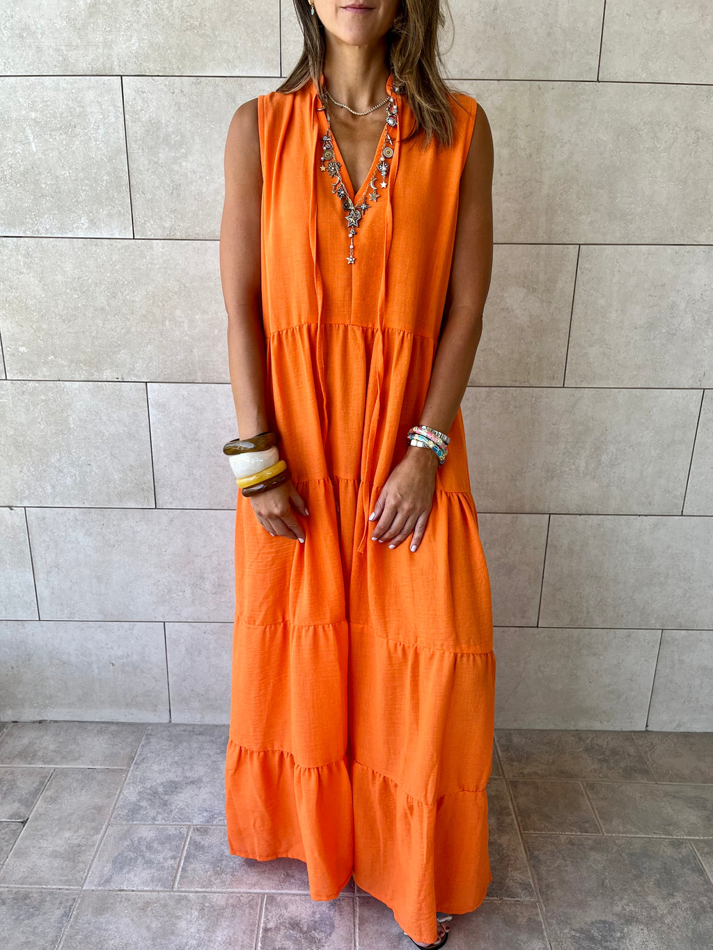 Orange Frillu Essential Tiered Dress