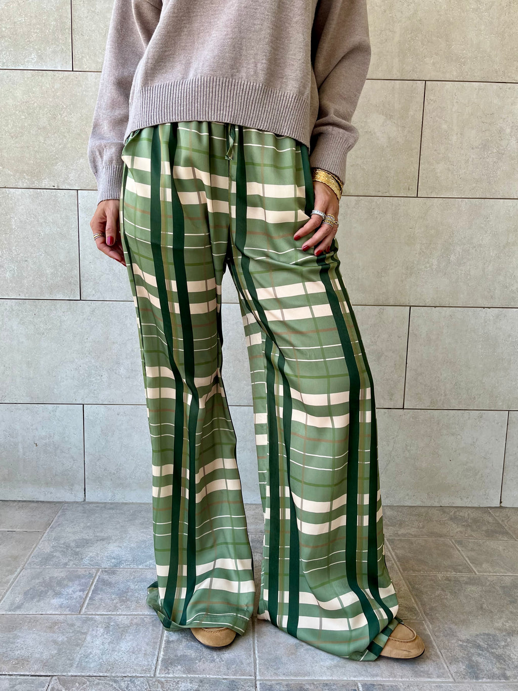 Green Plaid Satin Rope Pants