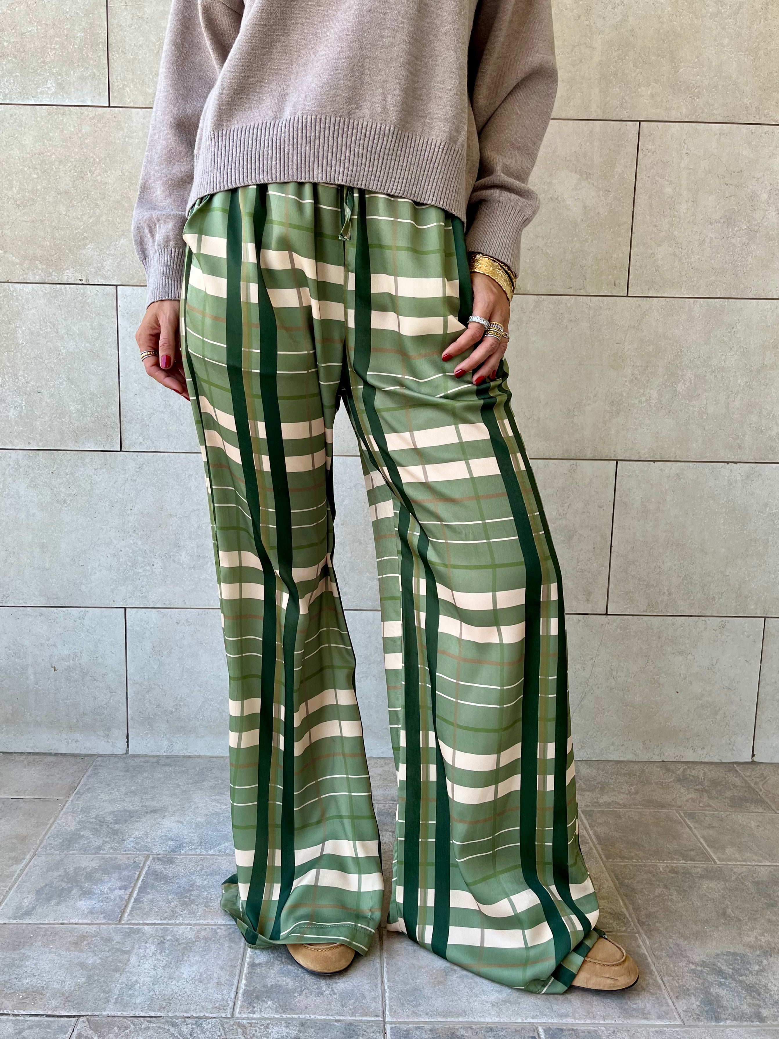 Green Plaid Satin Rope Pants