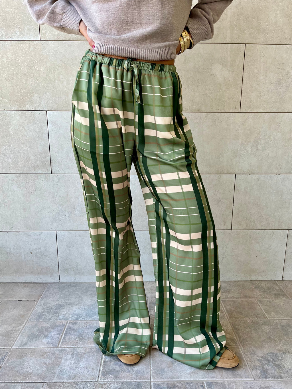 Green Plaid Satin Rope Pants