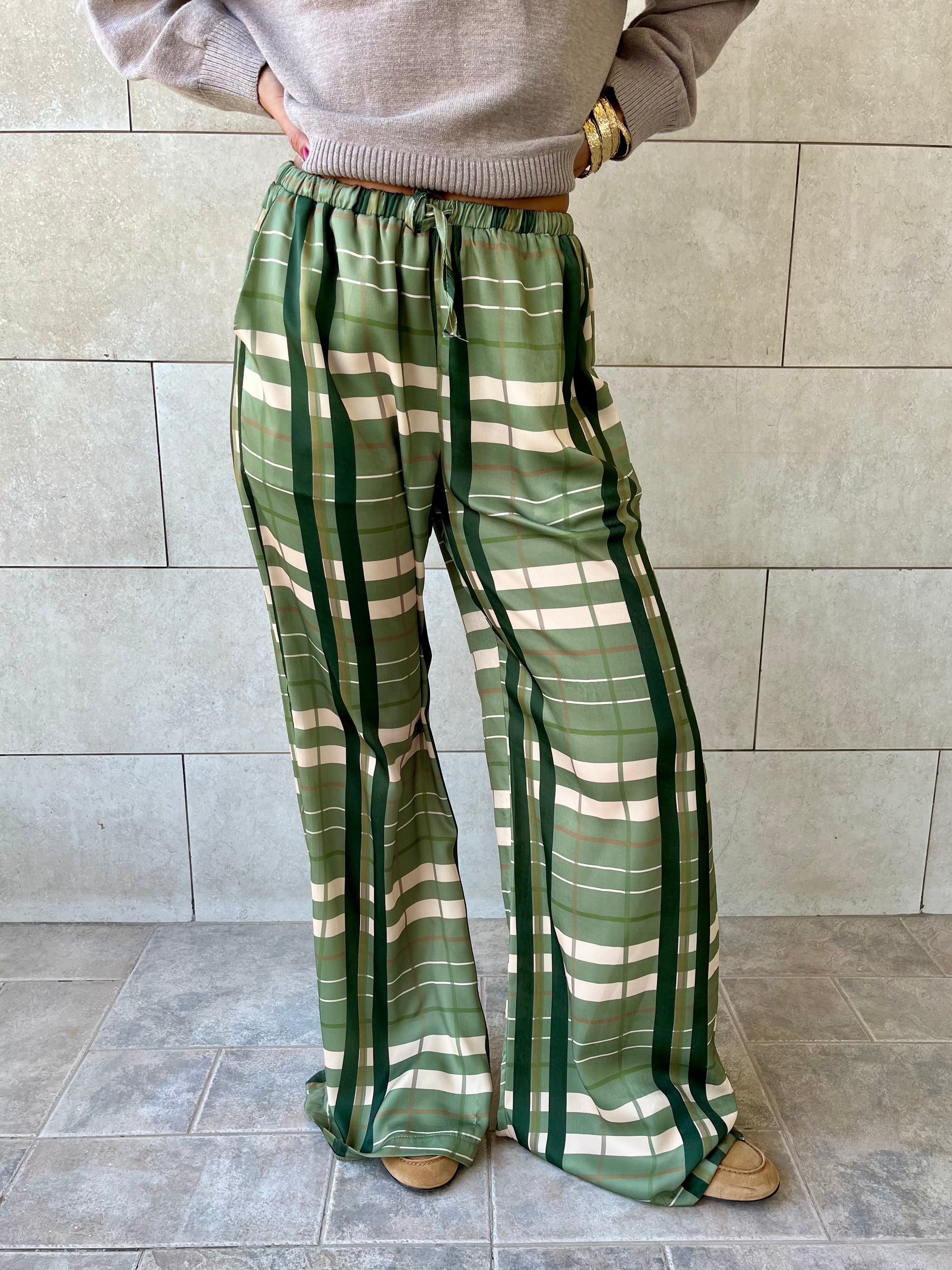 Green Plaid Satin Rope Pants