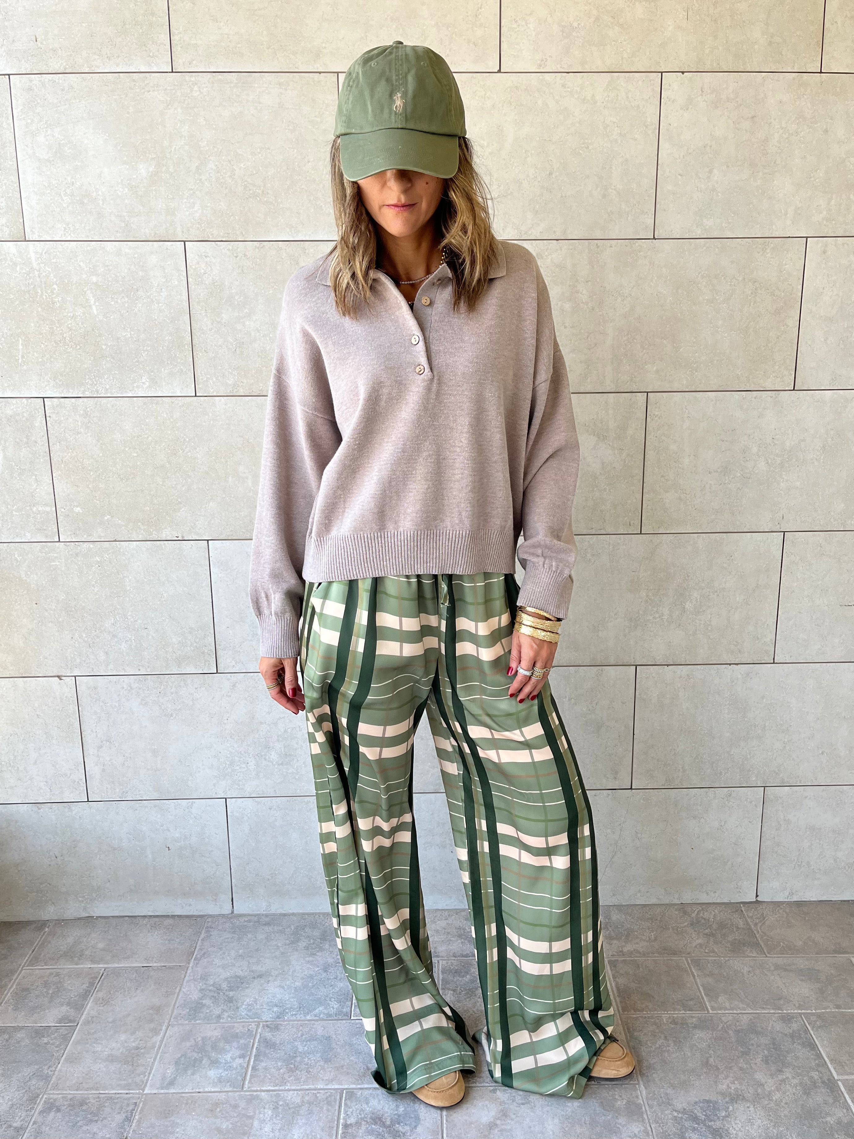 Green Plaid Satin Rope Pants