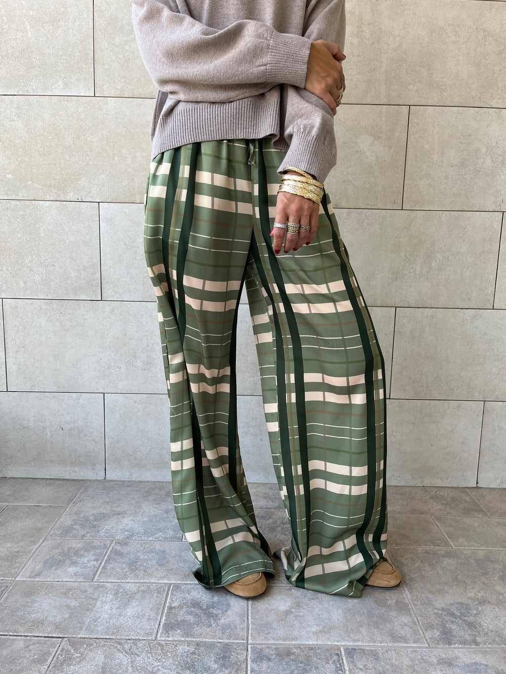 Green Plaid Satin Rope Pants