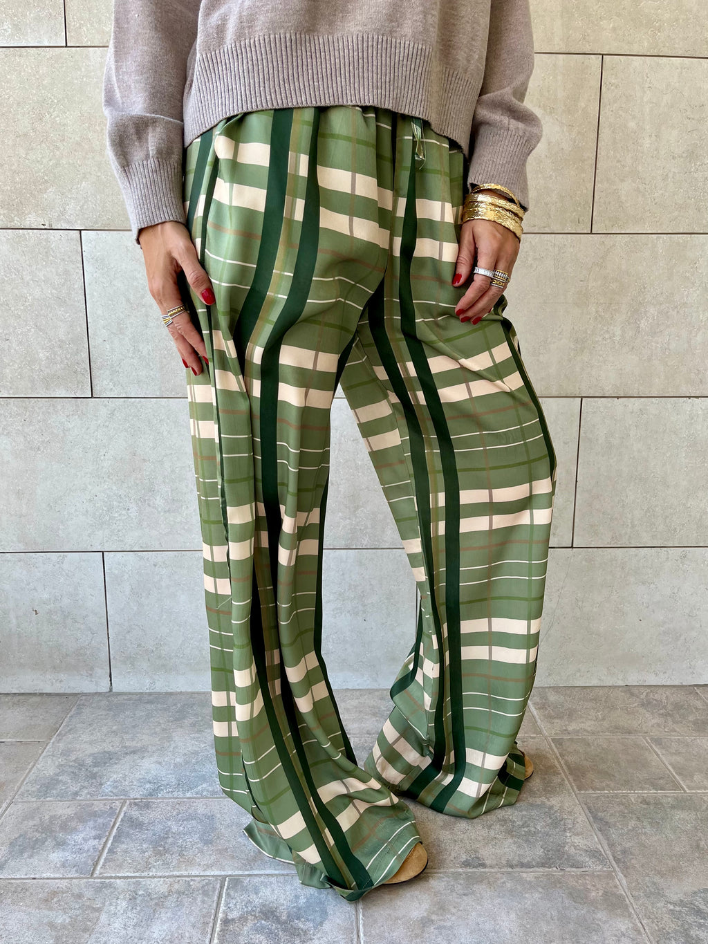 Green Plaid Satin Rope Pants
