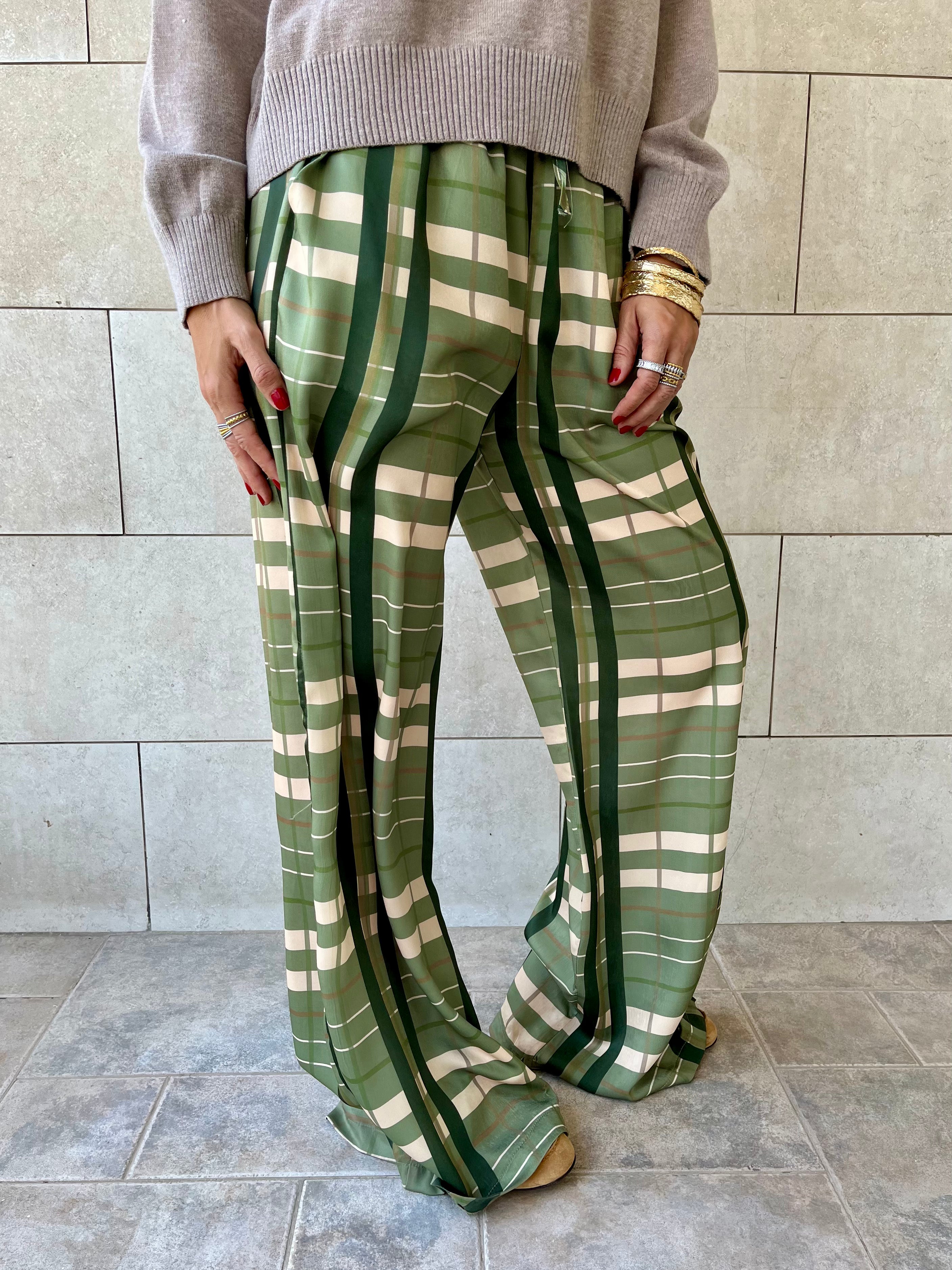 Green Plaid Satin Rope Pants