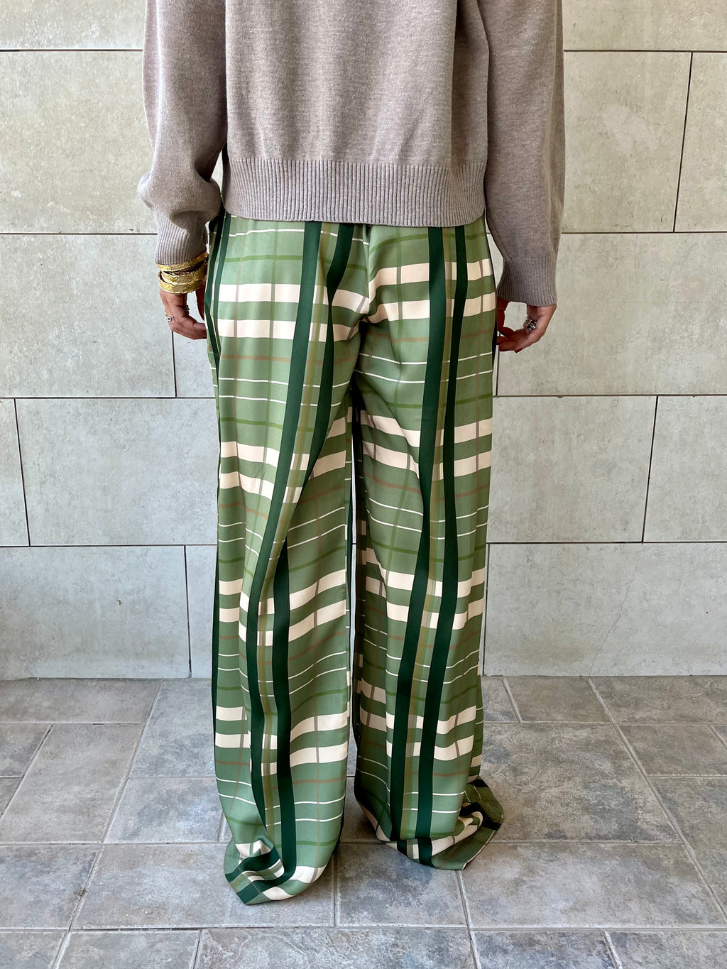 Green Plaid Satin Rope Pants