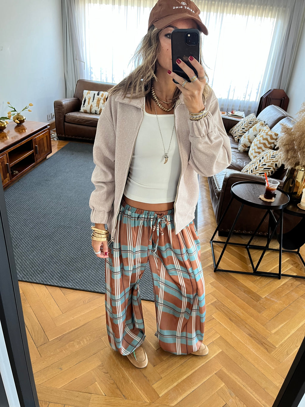 Plaid Satin Balloon Pants