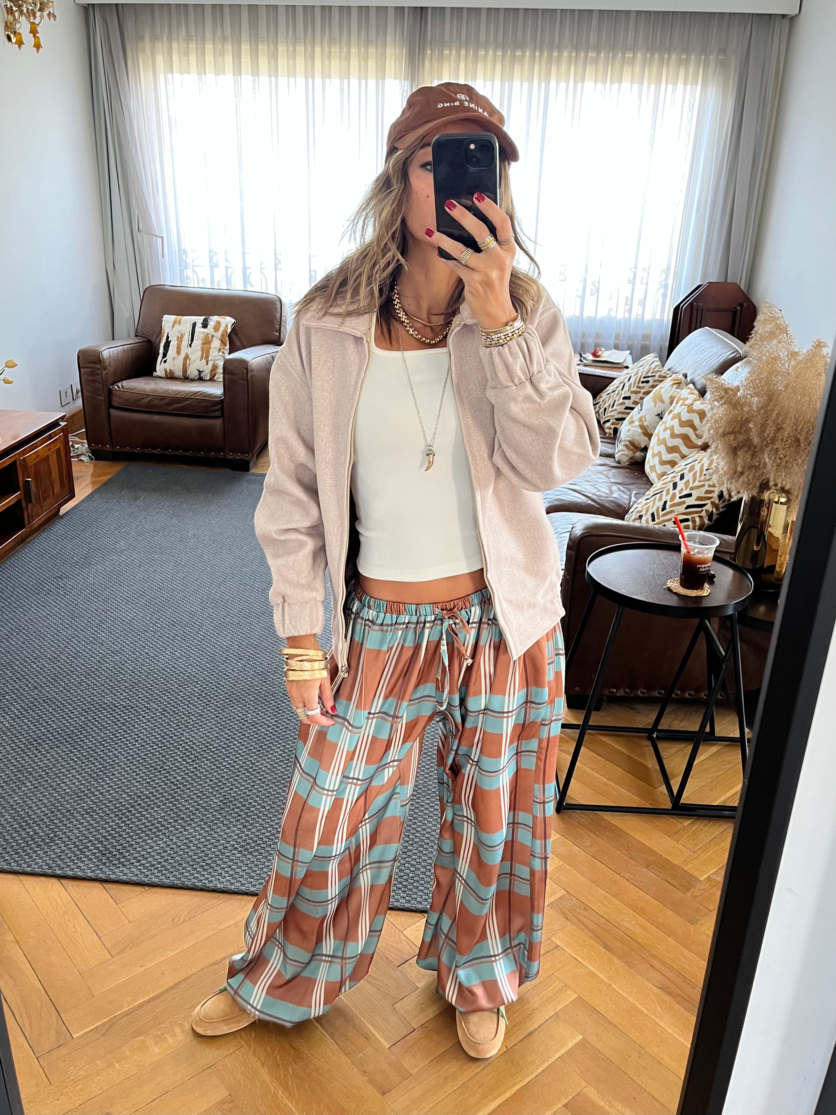 Plaid Satin Balloon Pants