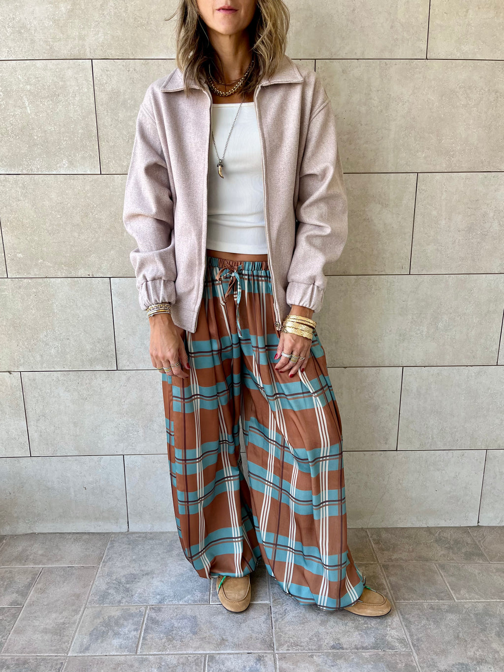 Plaid Satin Balloon Pants