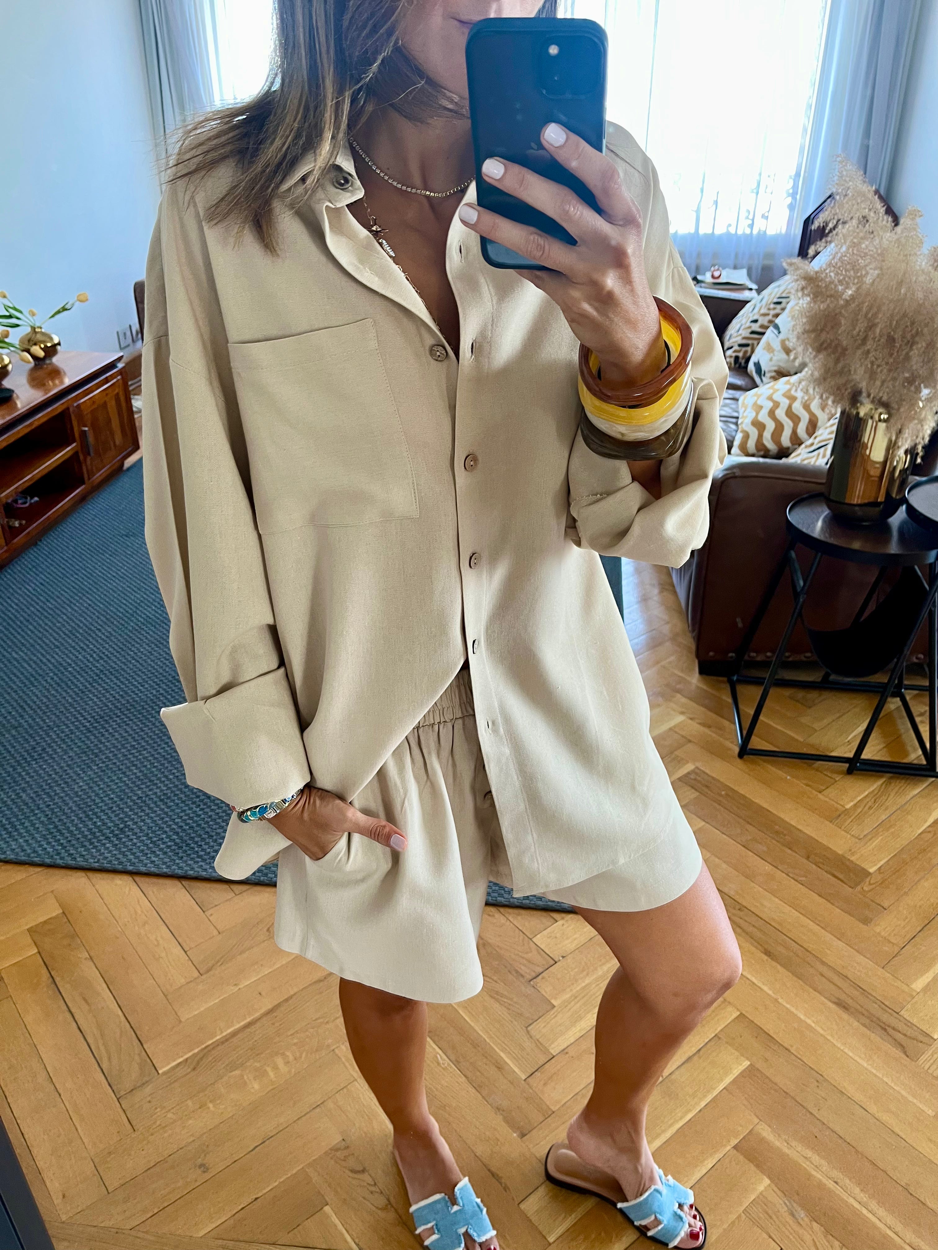 Beige Boxer Shirt Set