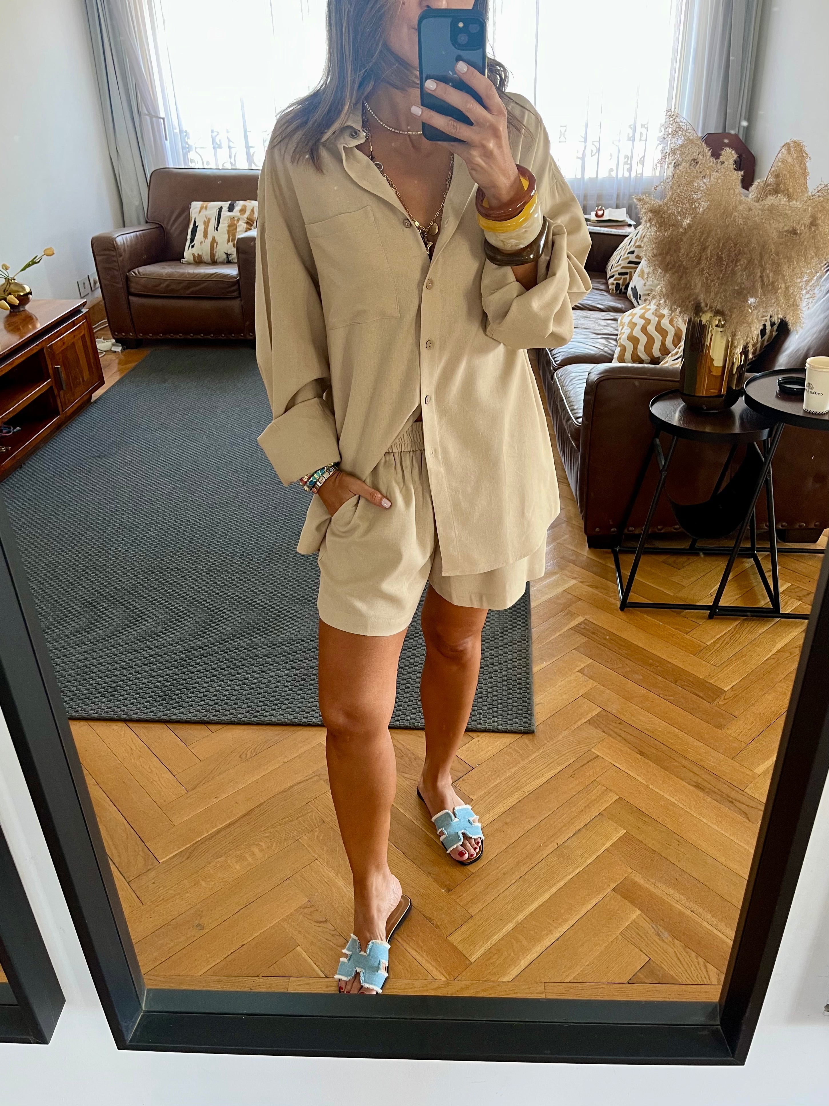 Beige Boxer Shirt Set