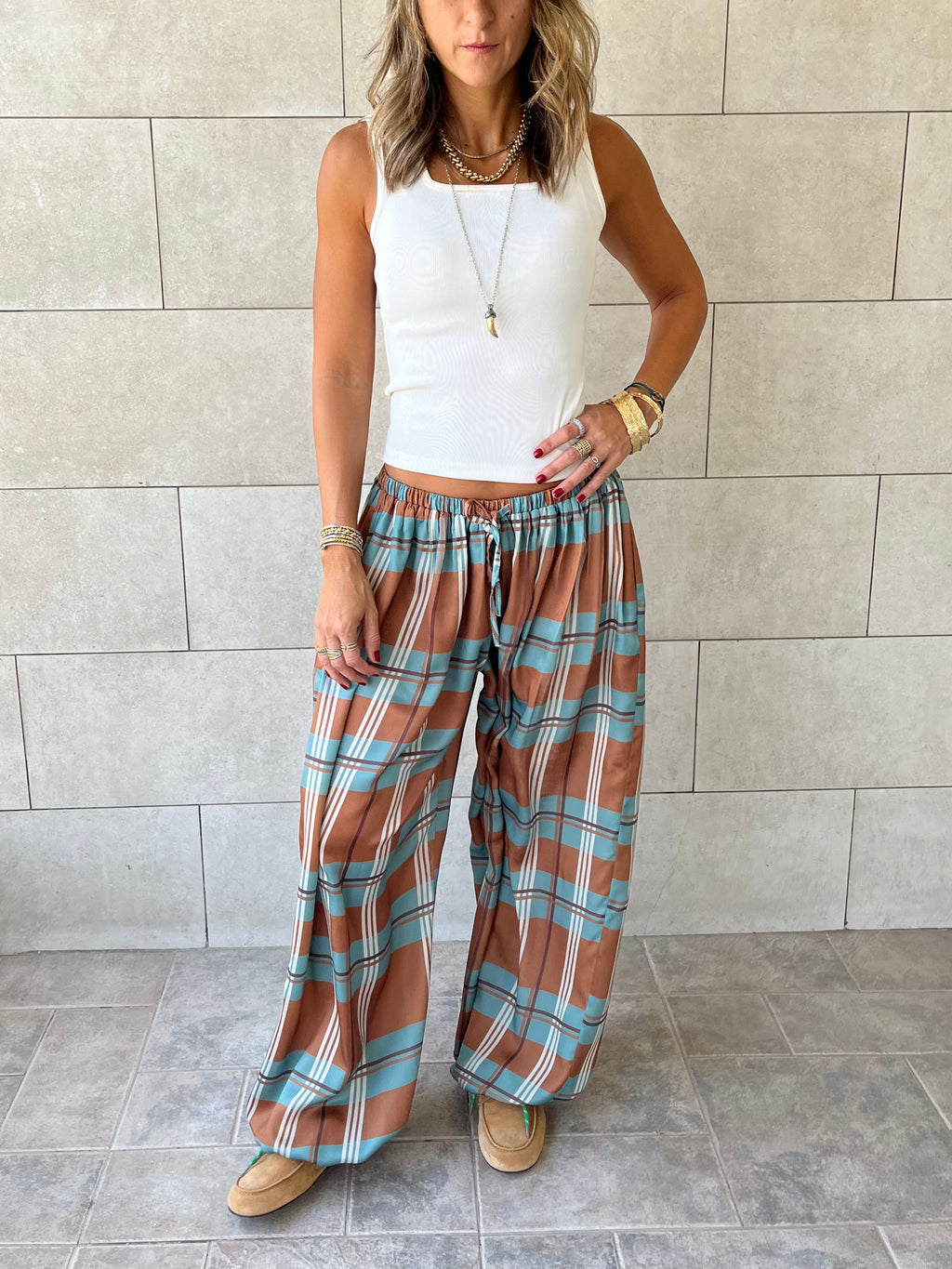 Plaid Satin Balloon Pants