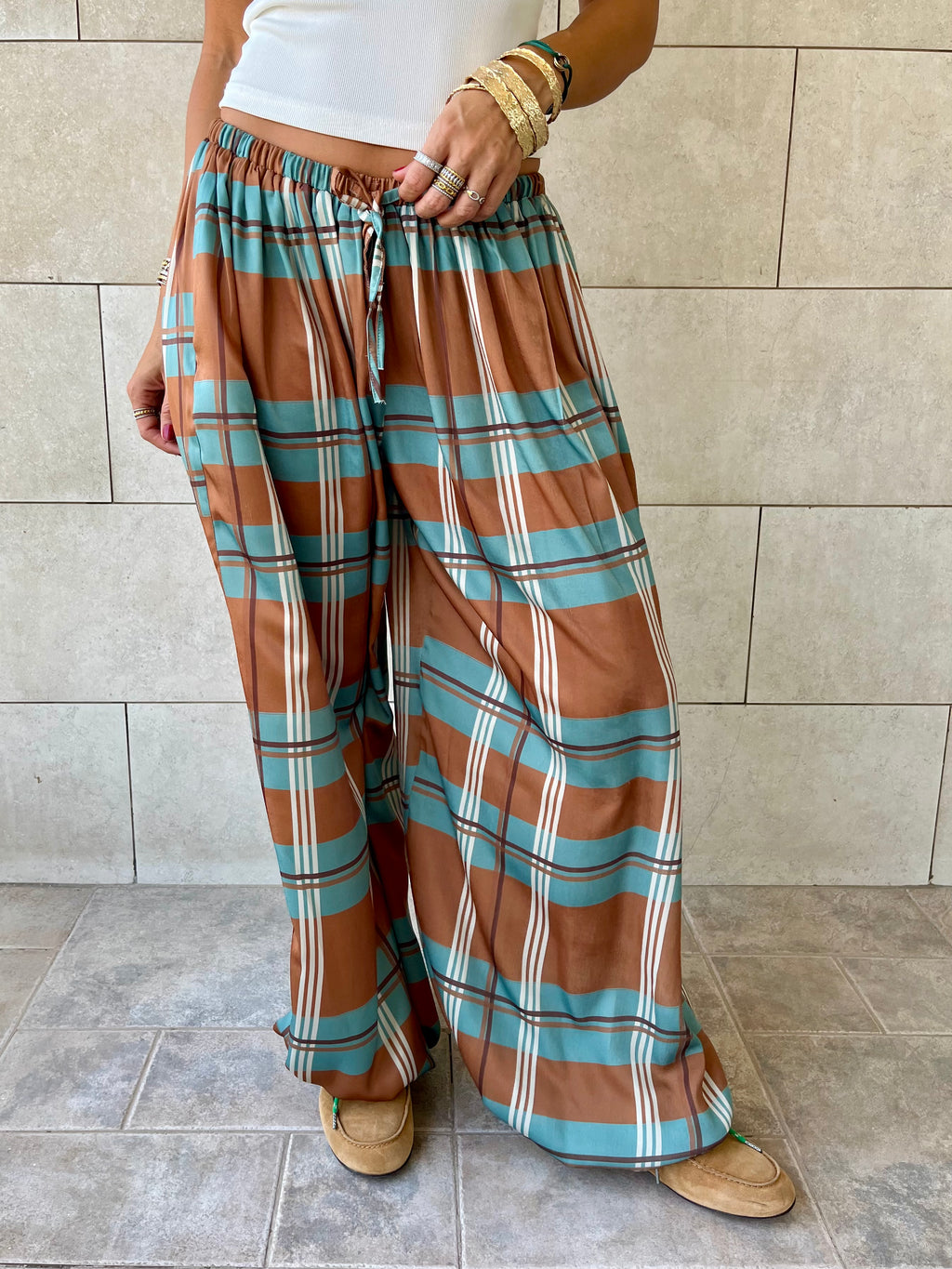 Plaid Satin Balloon Pants