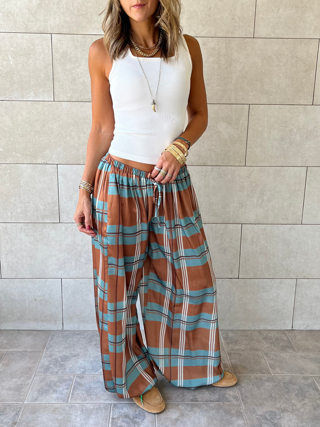 Plaid Satin Balloon Pants