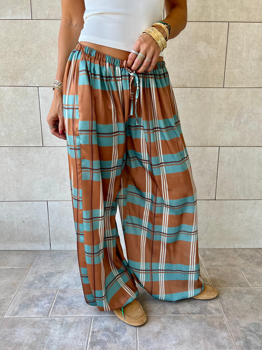 Plaid Satin Balloon Pants