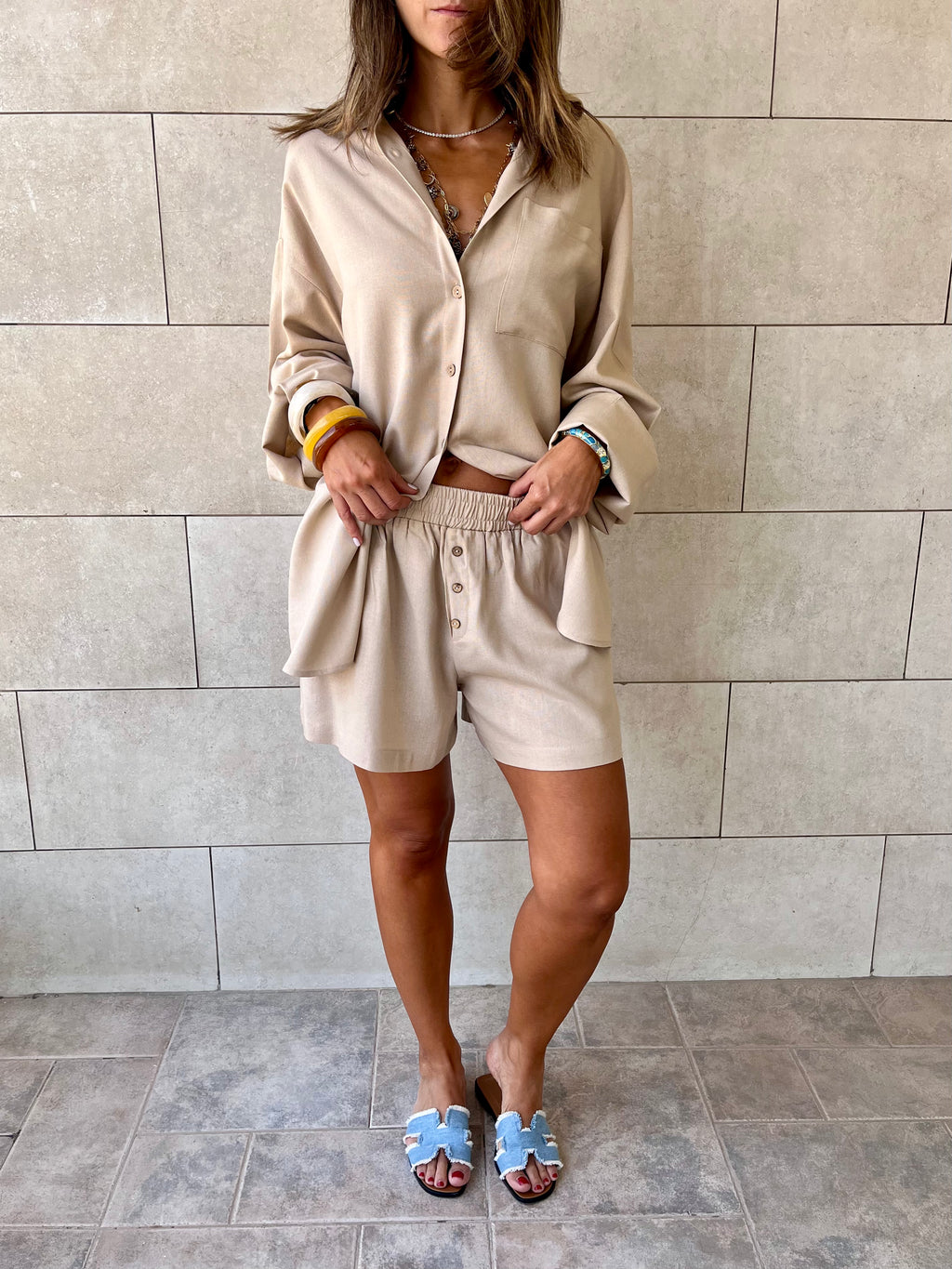 Beige Boxer Shirt Set